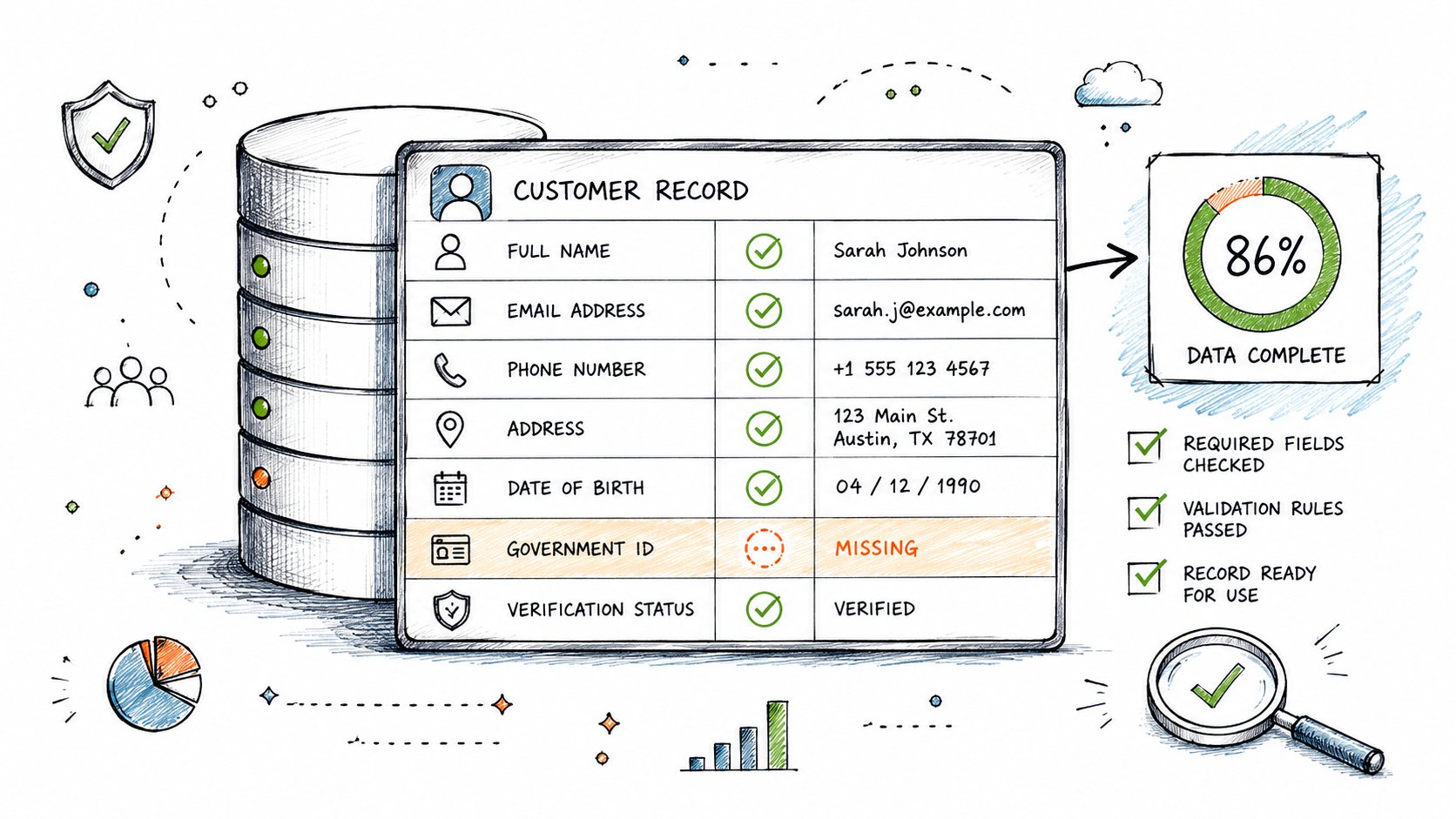 A clear visual for a data completeness section, showing a database with multiple required customer data fields, most mar