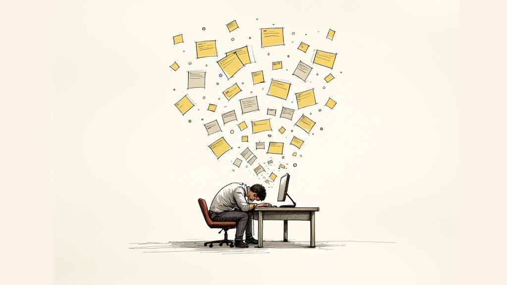 A person looking overwhelmed at their desk with multiple sticky notes and a laptop.