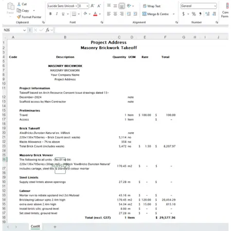 Microsoft Excel screenshot of takeoff for masonry brickwork trade by SubsQS