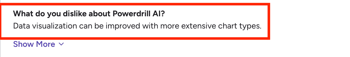 User review noting that Powerdrill AI’s data visualization could be improved with more chart types