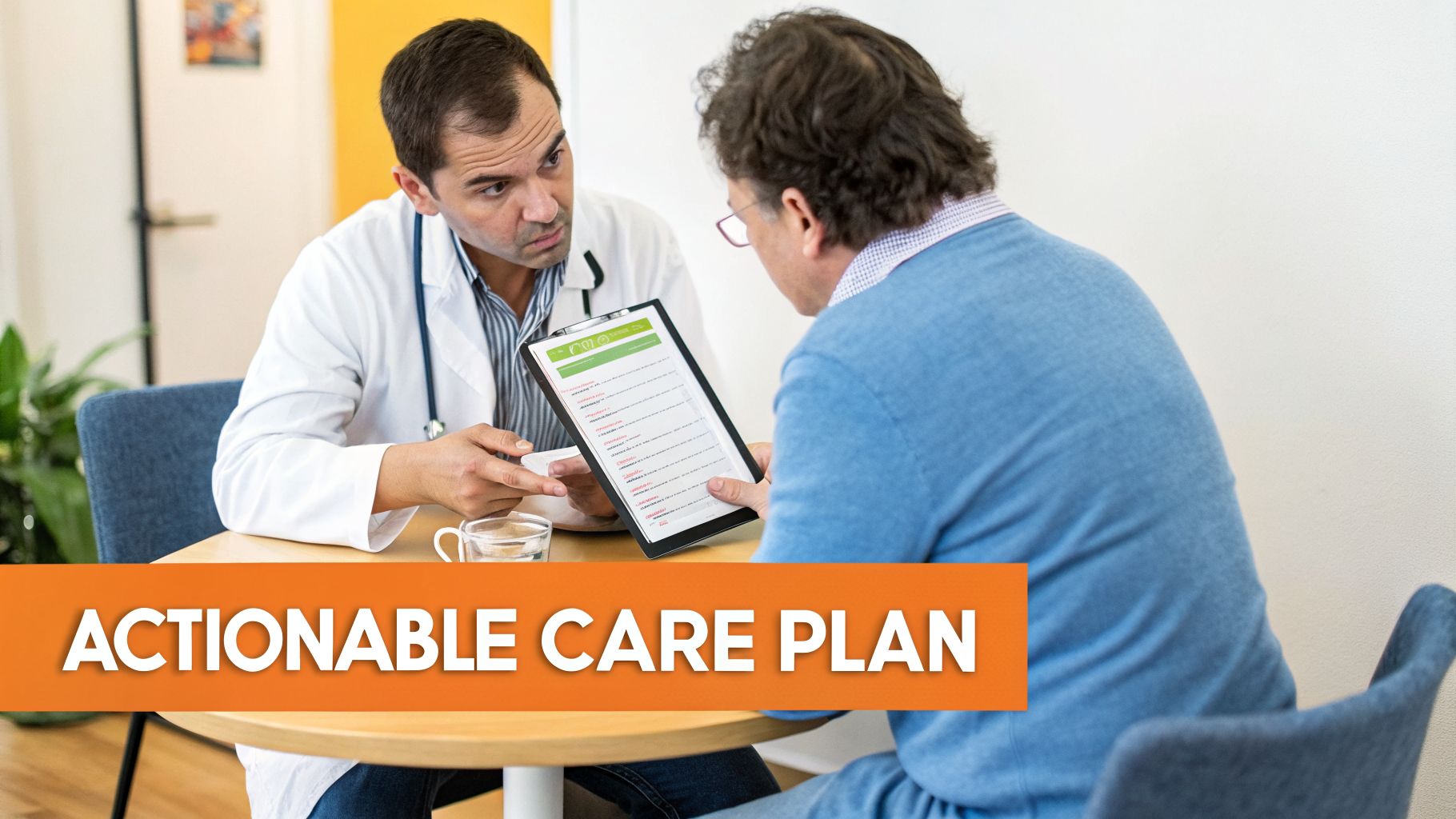 A doctor in a white coat explains an actionable care plan on a tablet to a patient.