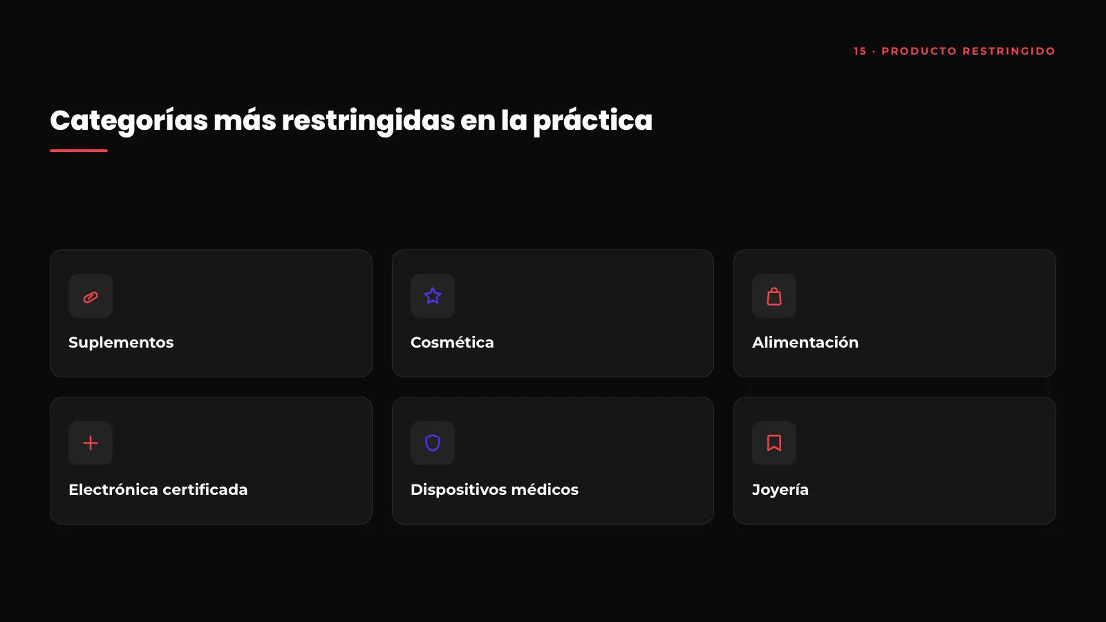 Categorías de productos más restringidas o gated en Amazon: suplementos, cosmética, alimentación, electrónica, dispositivos médicos y joyería