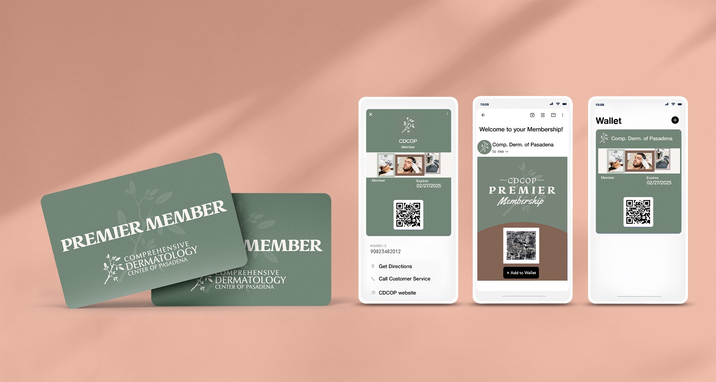 Custom membership card and Apple Wallet pass with QR code design for Comprehensive Dermatology of Pasadena by Studio Odyssey Los Angeles