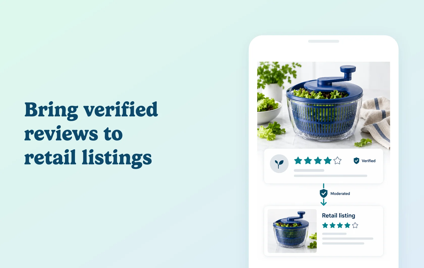 Judge.me and ReviewHub integration: illustration of a verified salad-spinner review passing a moderation check before appearing on a matched retailer product listing.