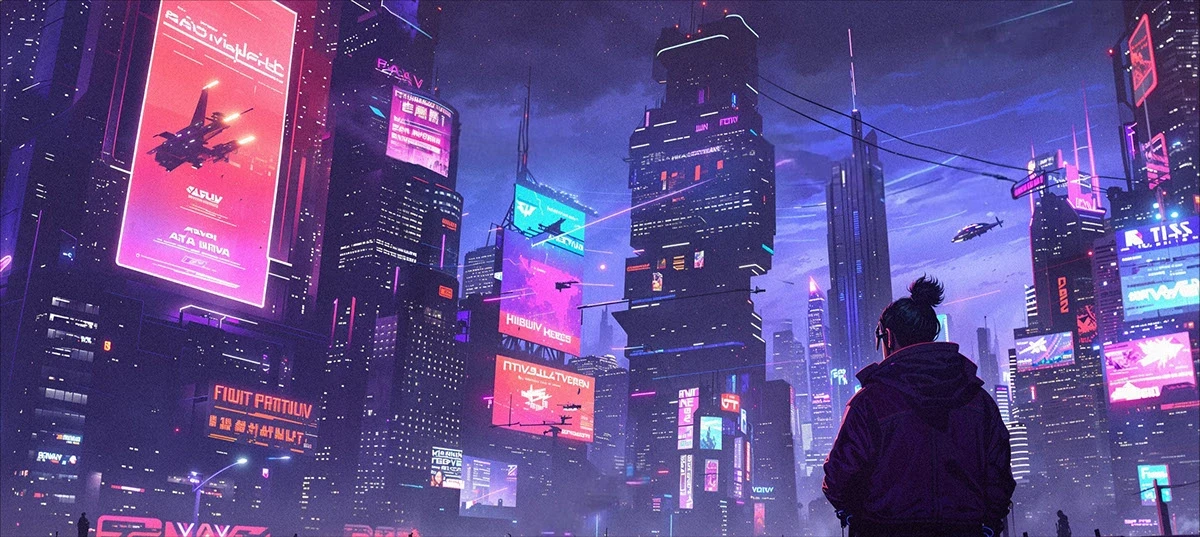 Person with a bun seen from behind among neon billboards