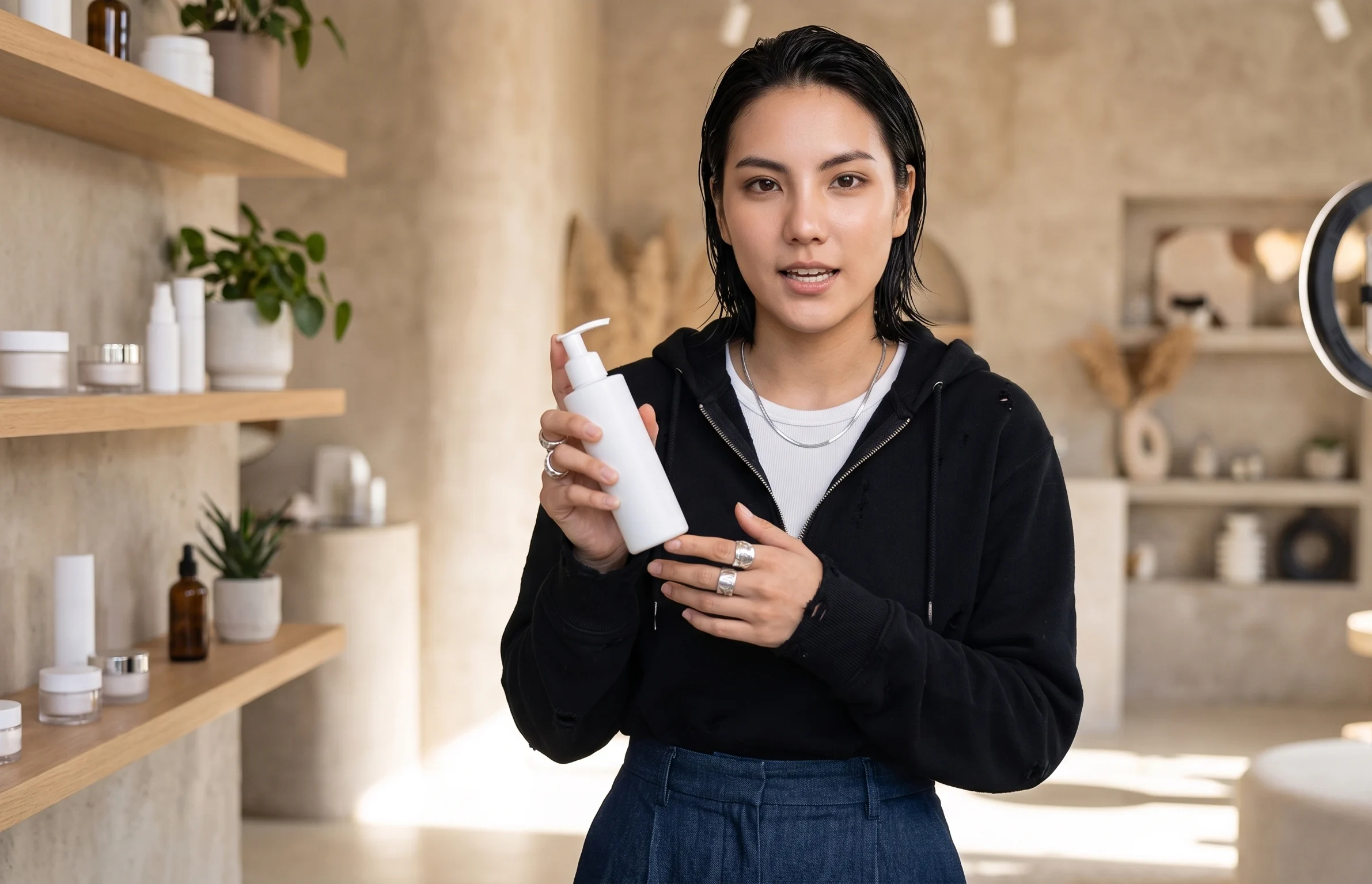 A beauty creator holding up a white skincare bottle to introduce it to her audience.