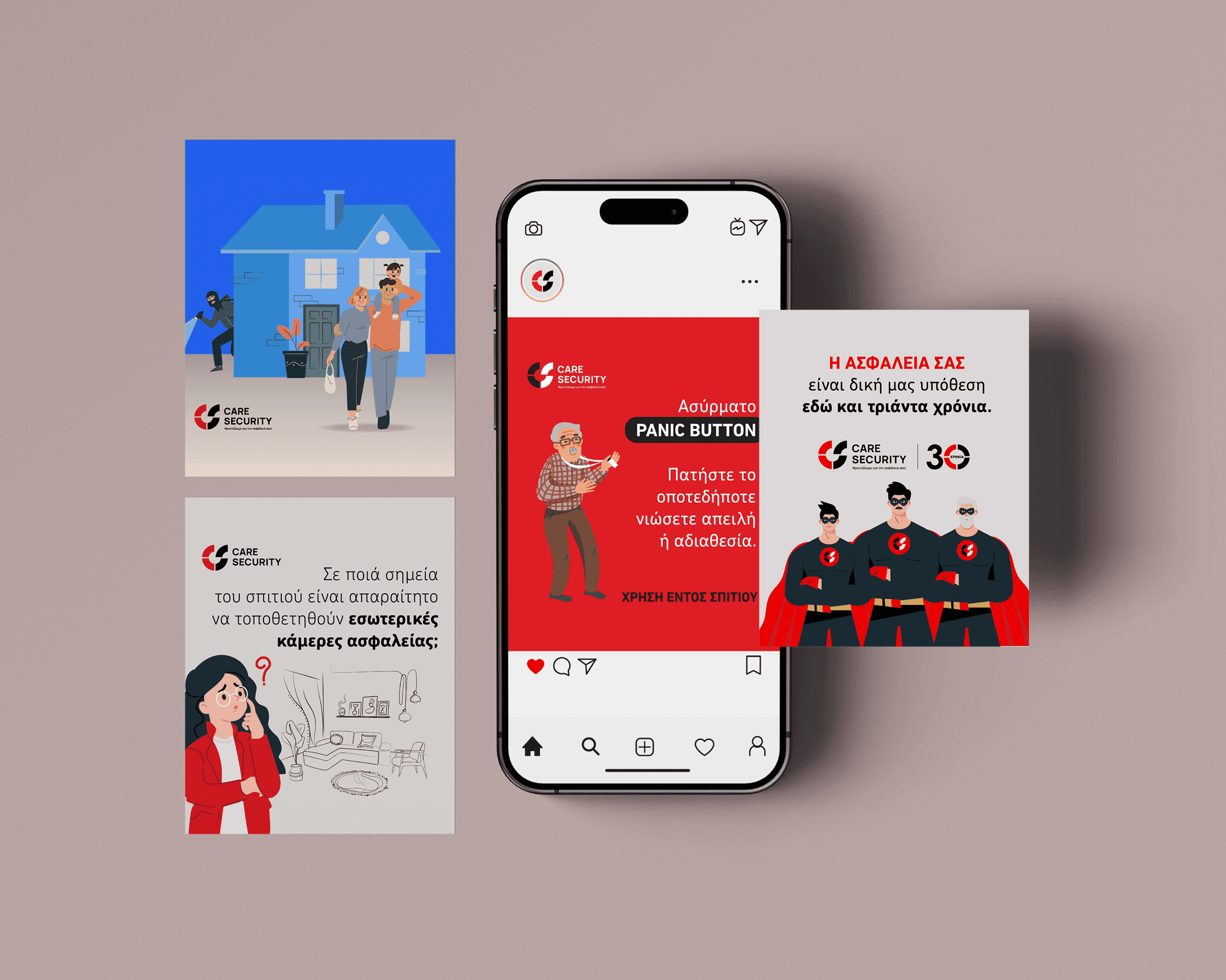 Social media content design for Care Security, focusing on clear and accessible communication of services