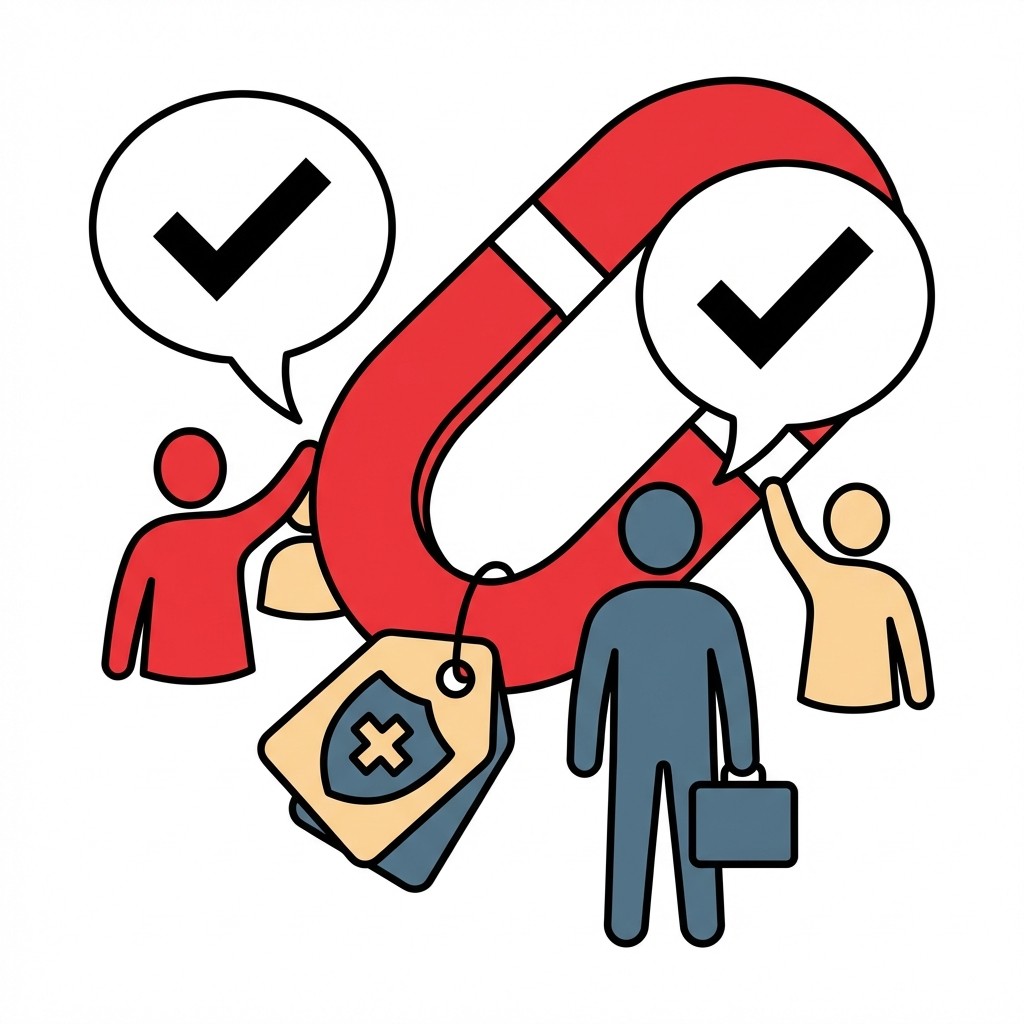 Ein roter Magnet zieht drei Personen an. Sprechblasen mit Häkchen zeigen Zustimmung, ein Anhänger trägt ein medizinisches Kreuz.
