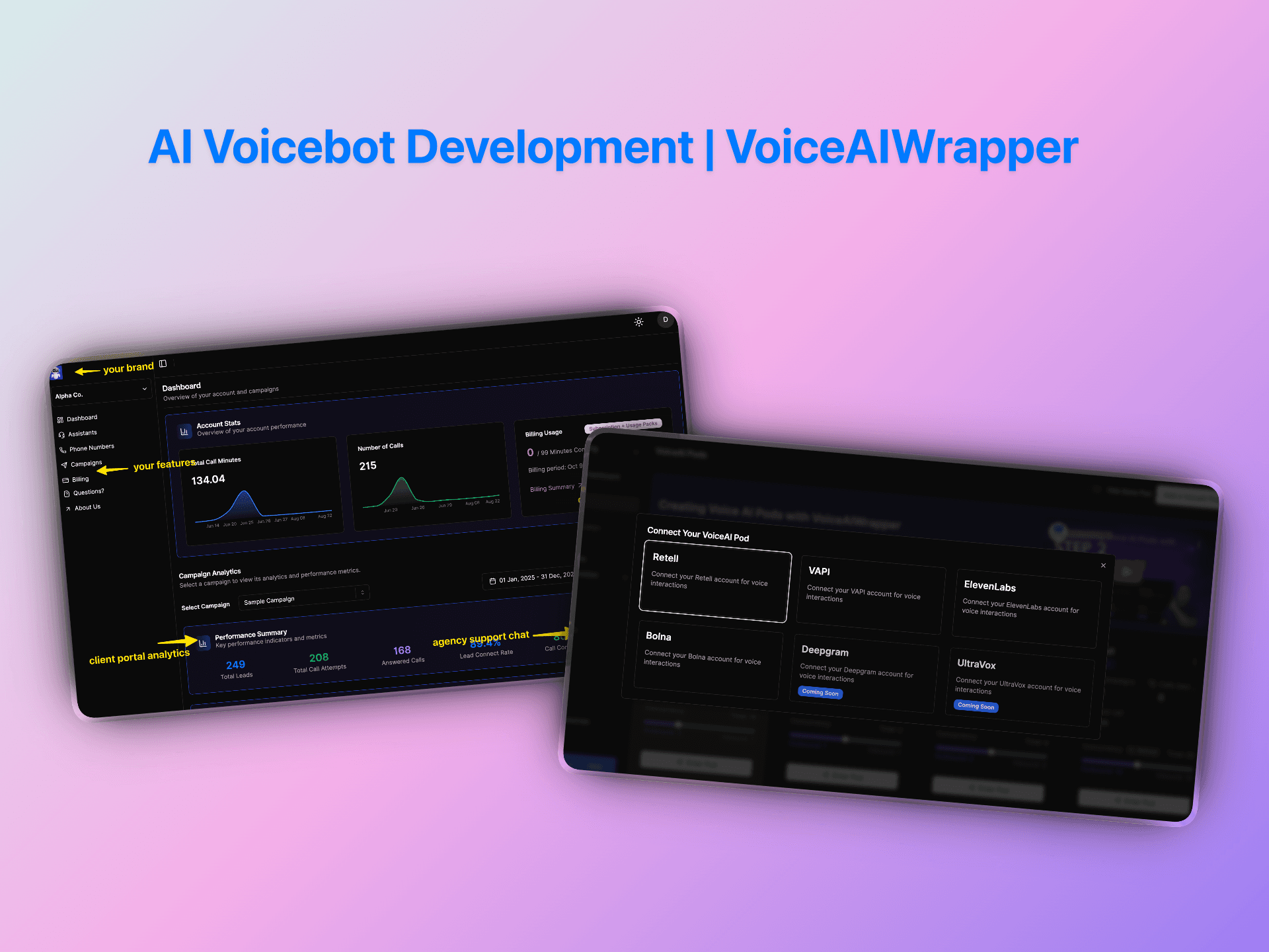 AI voicebot development with white label support for Retell, VAPI, Bolna, Deepgram, ElevenLabs, and UltraVox providers | VoiceAIWrapper