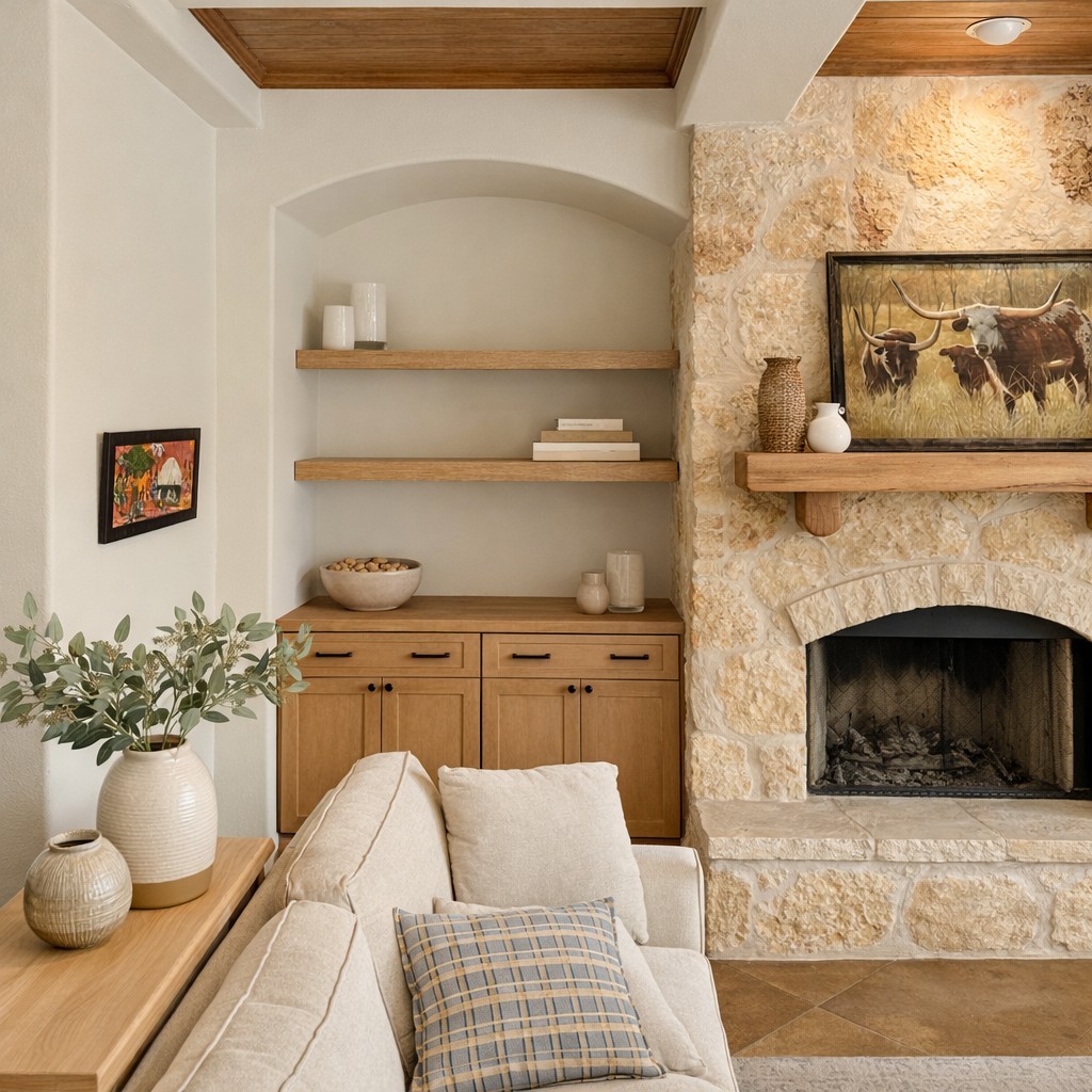 Custom oak built-in shelving and cabinetry with stone fireplace surround in warm Texas Modern living room Austin