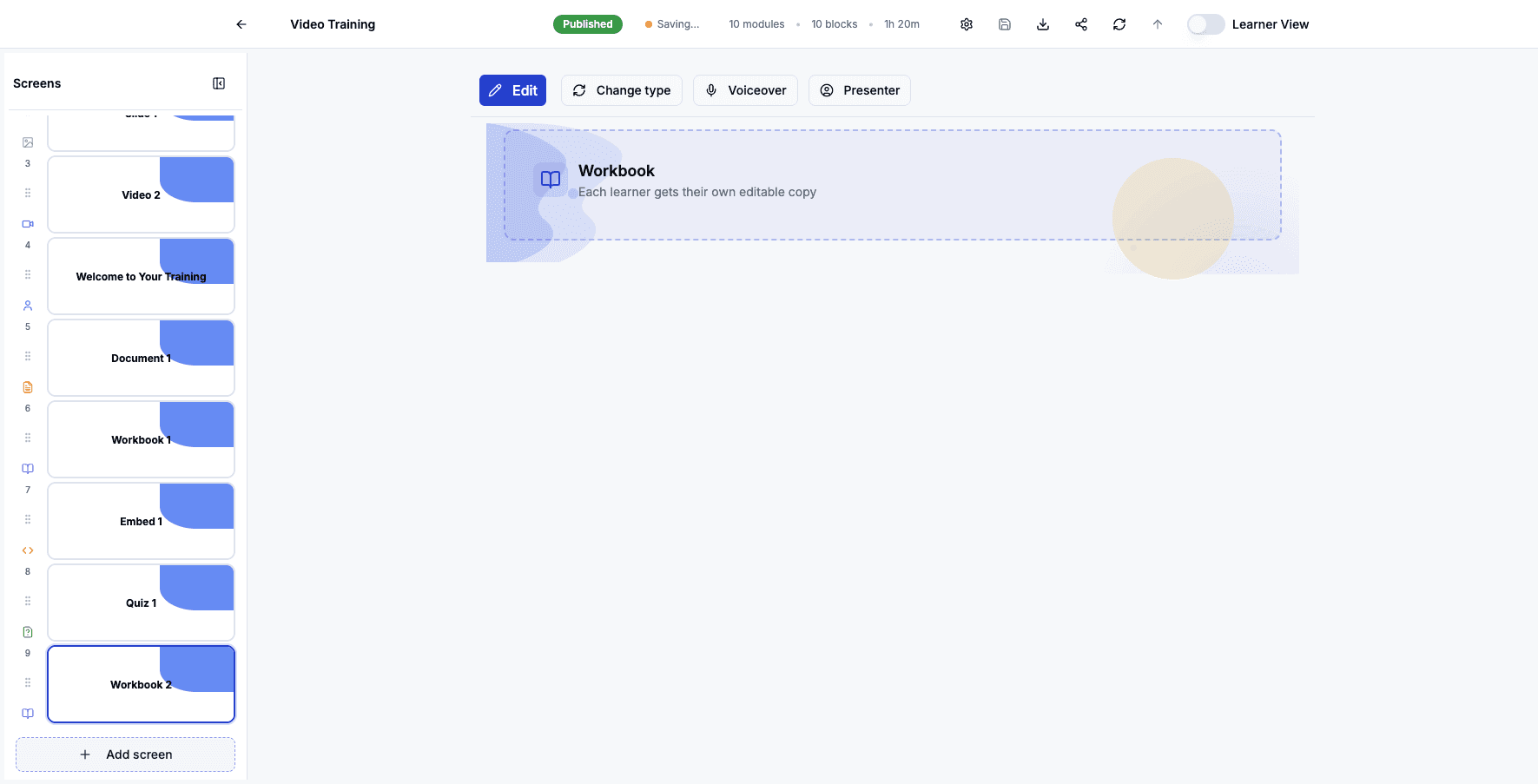 Click Add screen to explore scenario-based learning options.