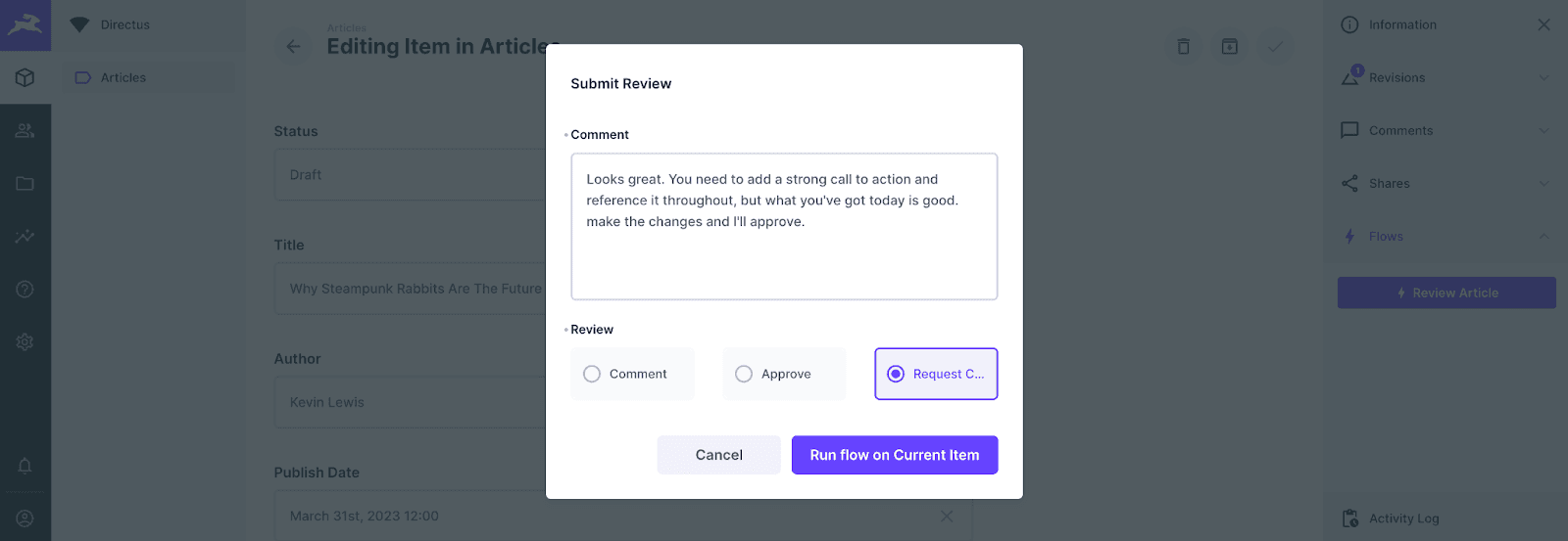 A dialog reads Submit review. There is a large text box for a comment and a set of radio buttons reading comment, approve, and request changes.