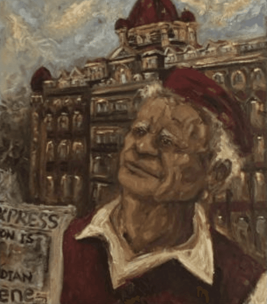 herd of sheep on road painting