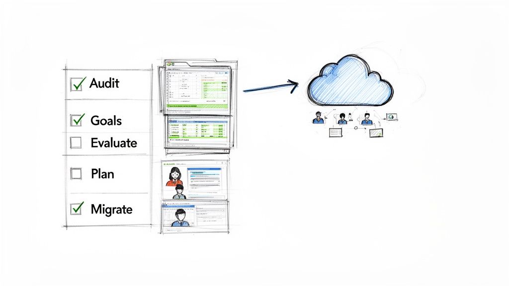 Workflow steps including audit, goals, and migration, with data moving to a cloud platform.