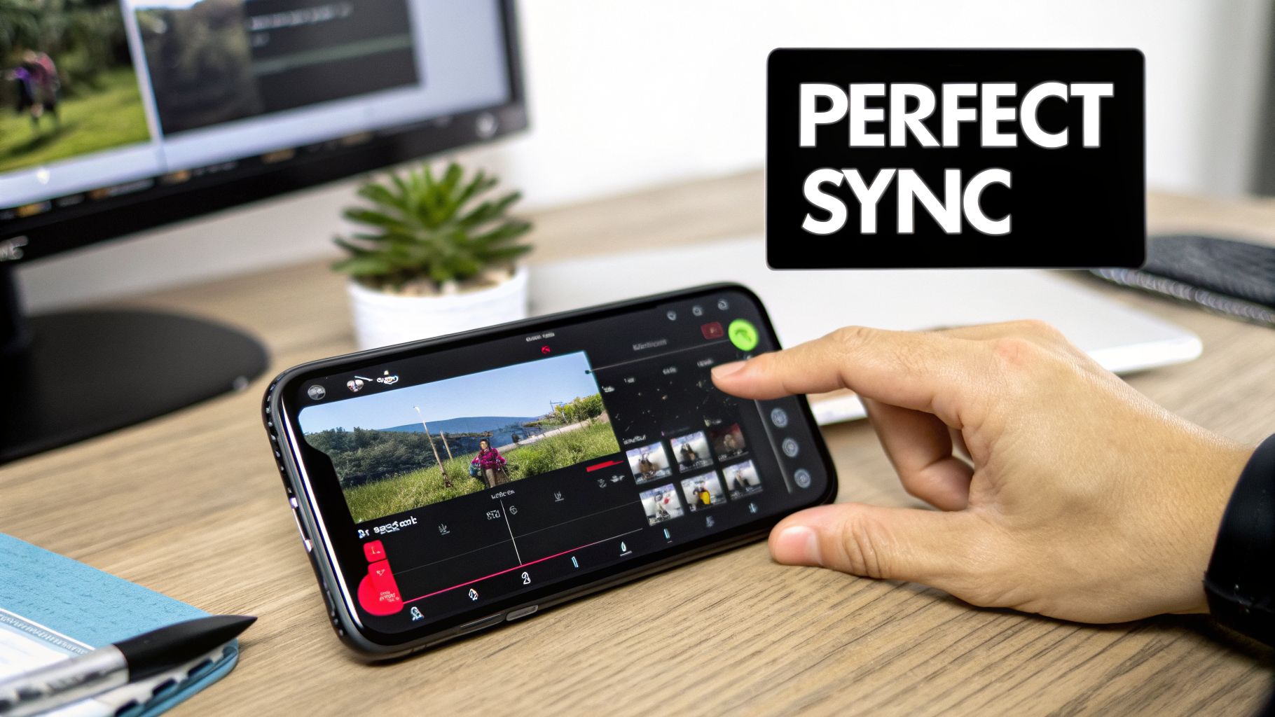 A person's hand using a smartphone to edit a video, with a computer and