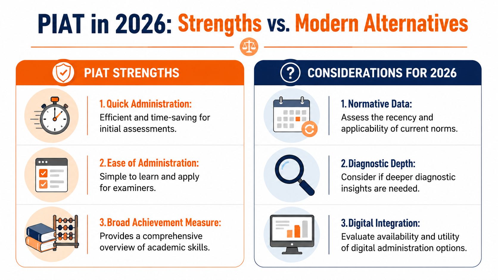 A comparison chart outlining the strengths of the Peabody Individual Achievement Test versus modern considerations for 2026.