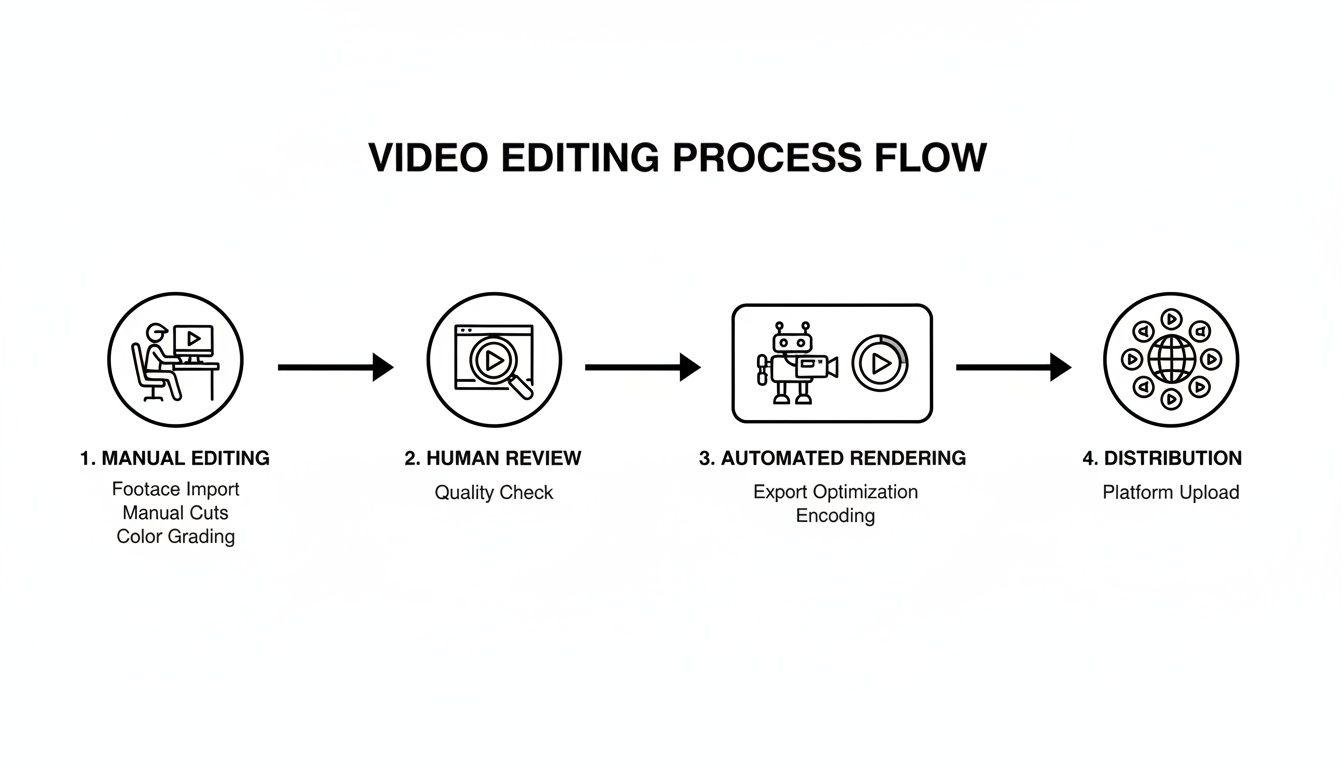 A four-step video editing process flow diagram showing manual editing, human review, automated rendering, and distribution.