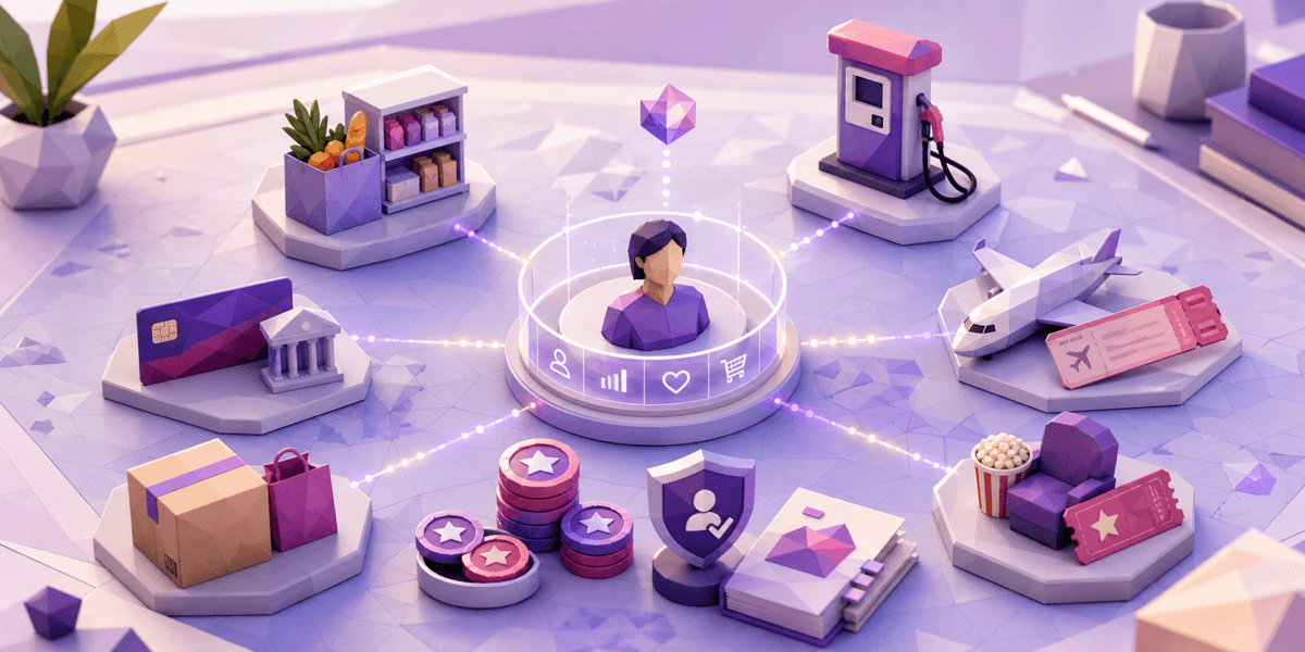 3D illustration of a centralized customer data platform connecting multiple brand loyalty programs through a unified architecture