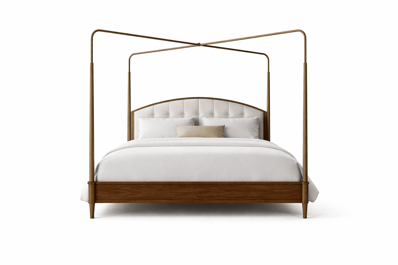 Upholstered bed with arched metal frame and suspended canopy form