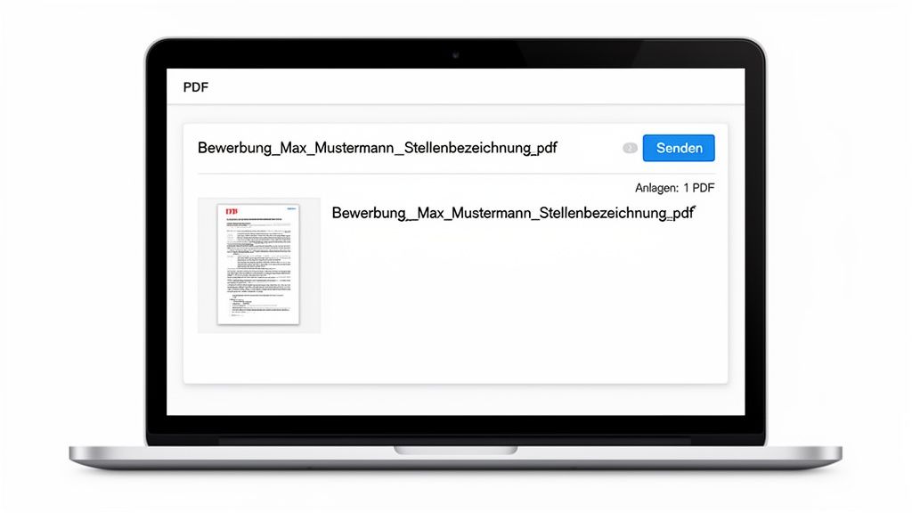Laptopbildschirm zeigt eine PDF-Datei für eine Bewerbung zum Senden an.
