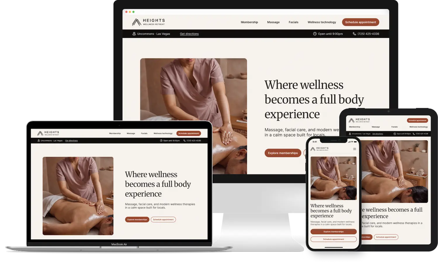 Desktop, Laptop, tablet and mobile screen mockups displaying the custom website redesign for Heights Wellness Retreat, highlighting a modern layout and refined typography.