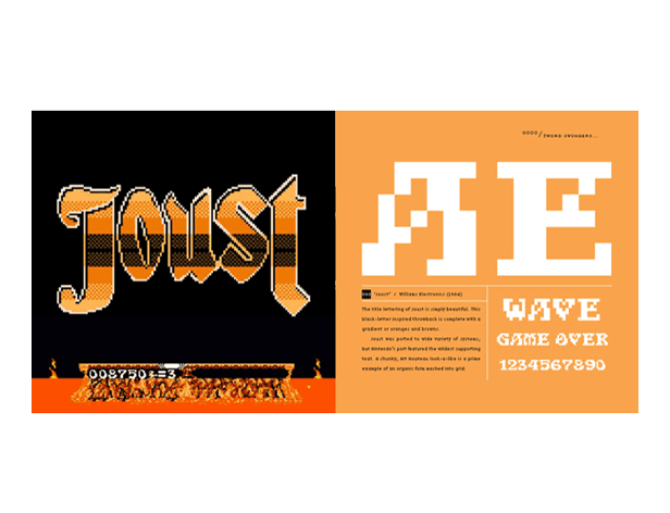 The image shows a book or magazine spread divided into two distinct sections. On the left side, the word "JOUST" is displayed in a stylized, pixelated font against a black background, with an orange-red border at the bottom. On the right side, the letters "AE" are shown in a large, white, pixelated font against an orange background. Below the letters, the text "WAVE GAME OVER" is written in smaller white text, followed by a phone number "123-456-7890" in white.