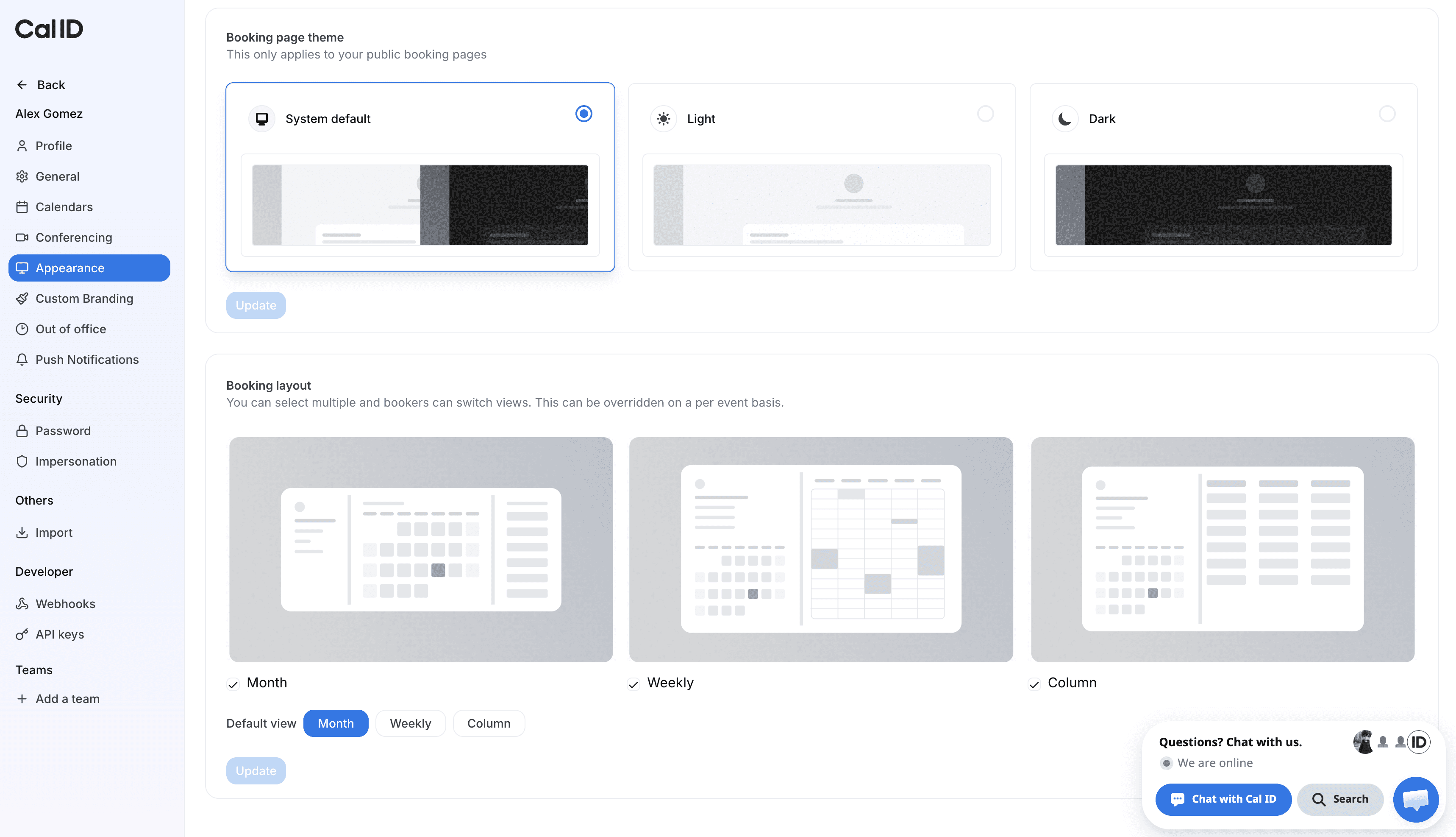 Cal ID booking page layout options — Month, Weekly, Column