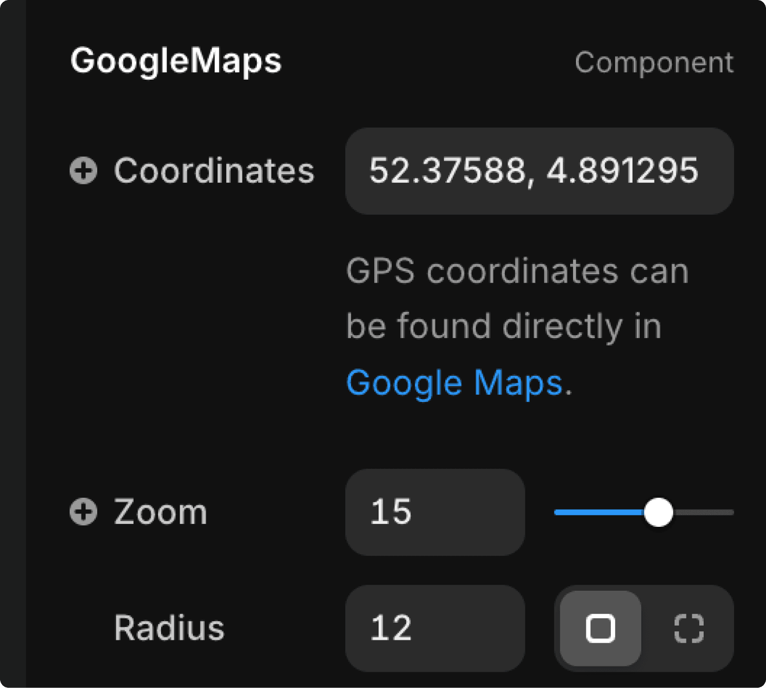 Google Maps properties settings in Framer for customising map appearance and functionality