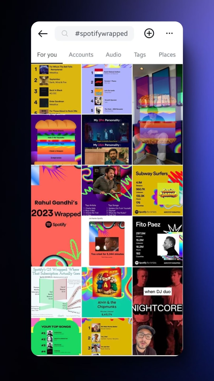 screenshot of Instagram search results for #SpotifyWrapped showing colorful user-generated posts, song lists, and top Spotify artists.