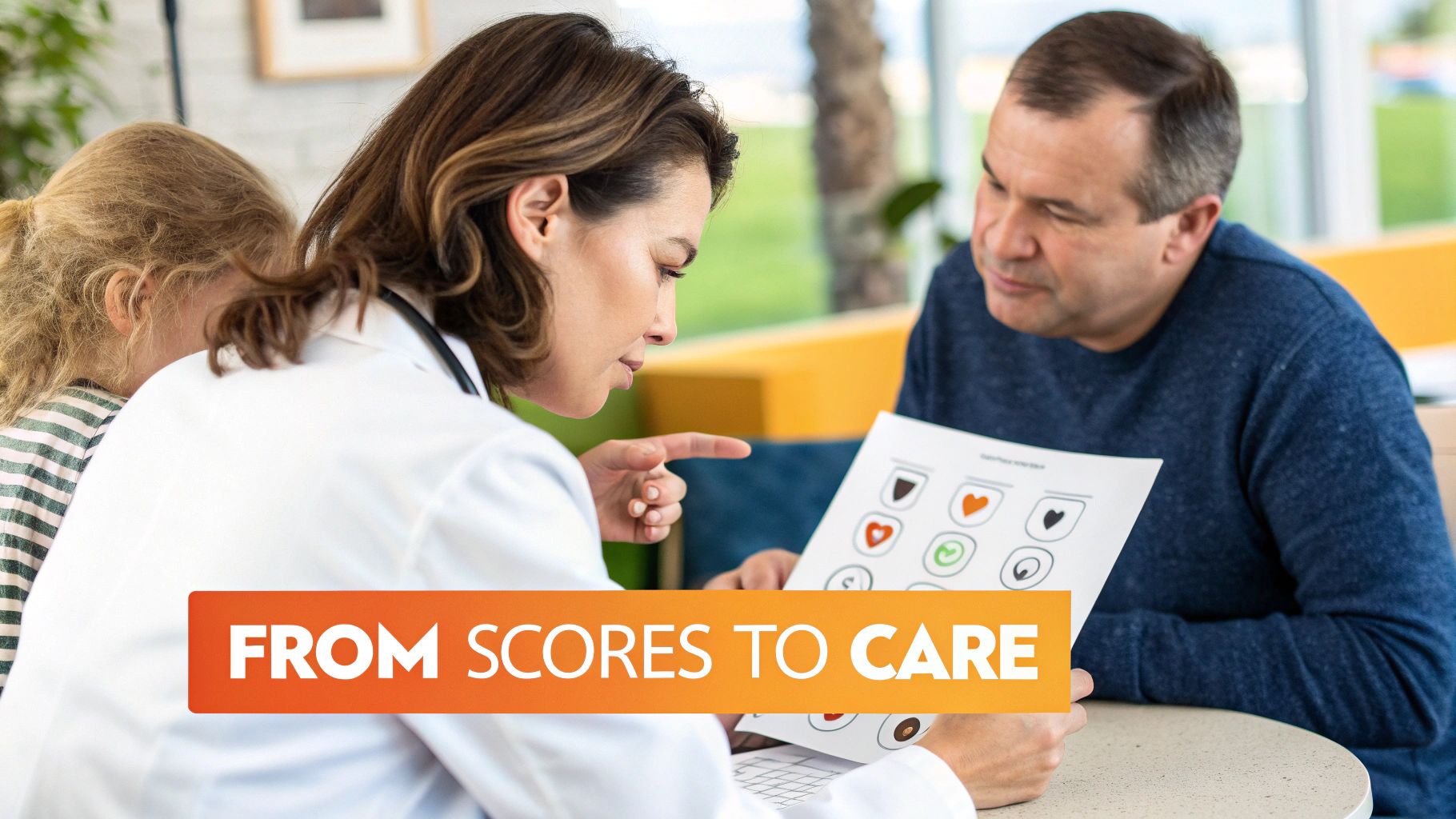 A doctor discusses a medical assessment document with a male patient and a child present.