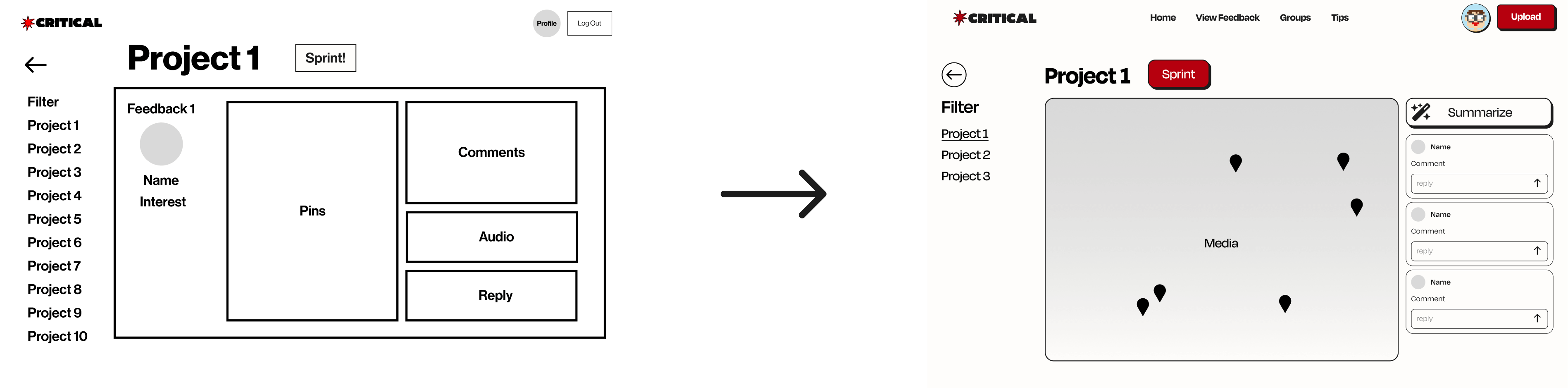 Before and after for our viewing feedback page. Our original idea is with tab views for each person reviewing, while the improved screen on the right condenses comments into one feed, and an AI summarization button is added.