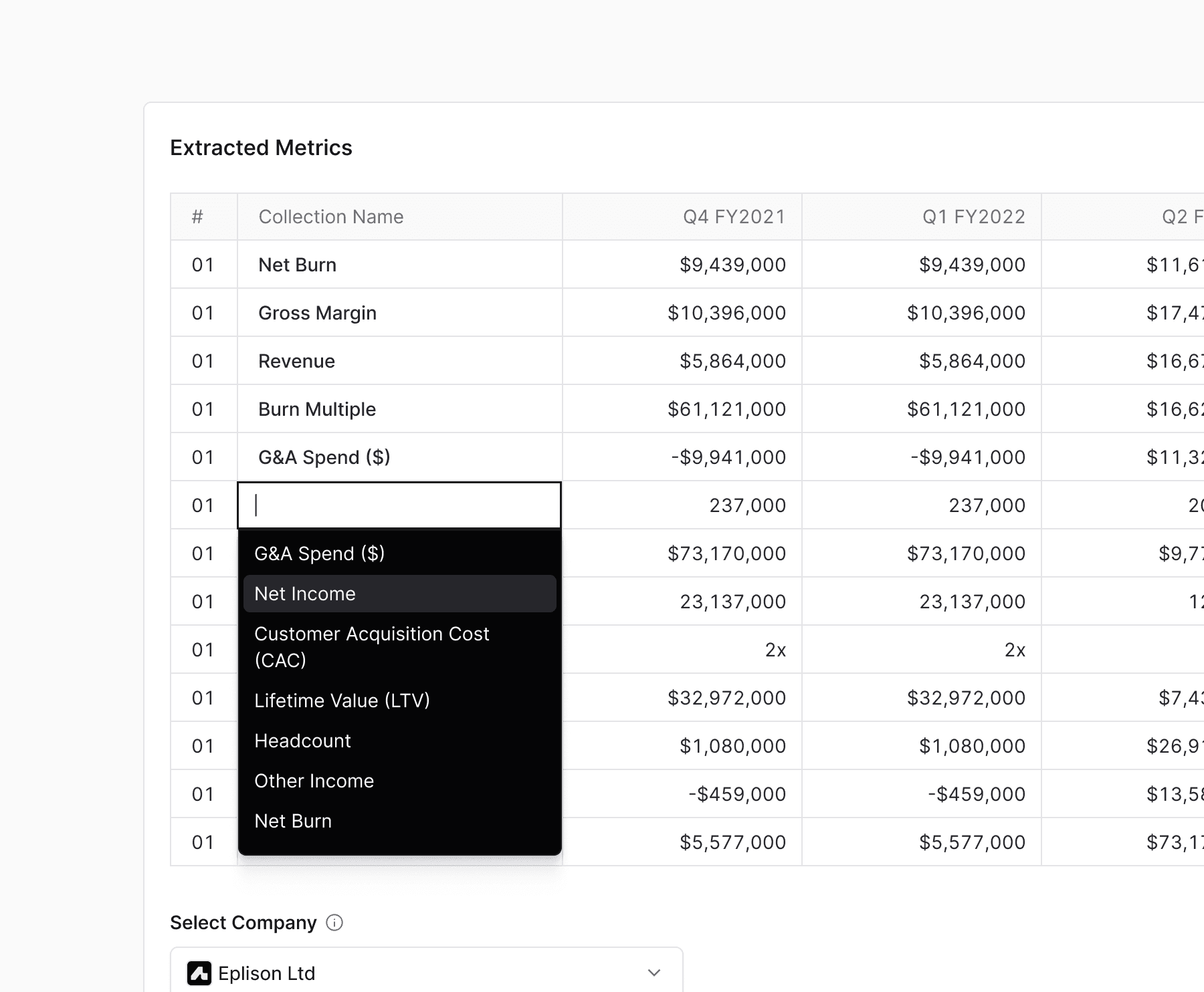 Extraction table UI detail