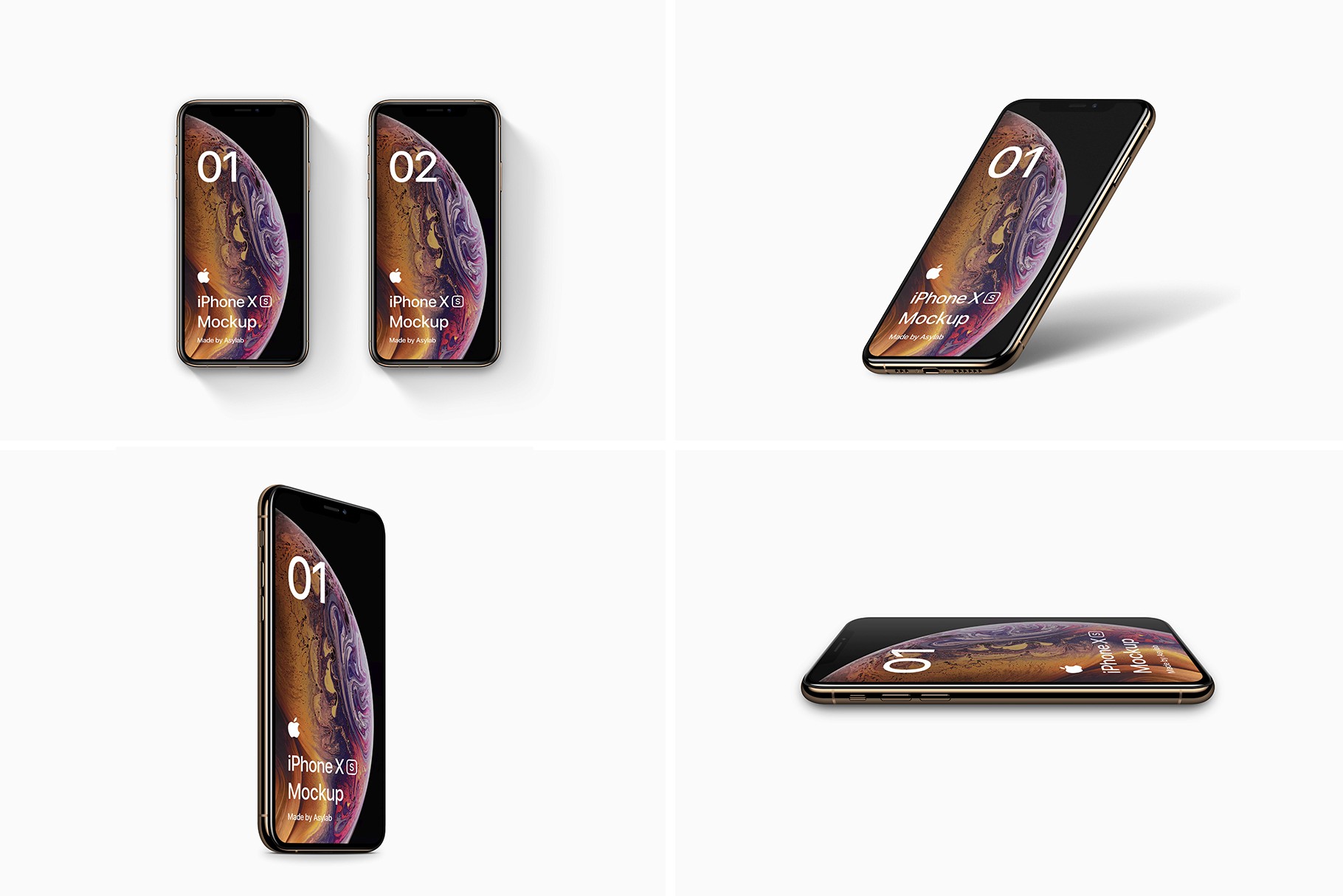 A set of four iPhone XS mockup scenes, featuring different angles and shadows.