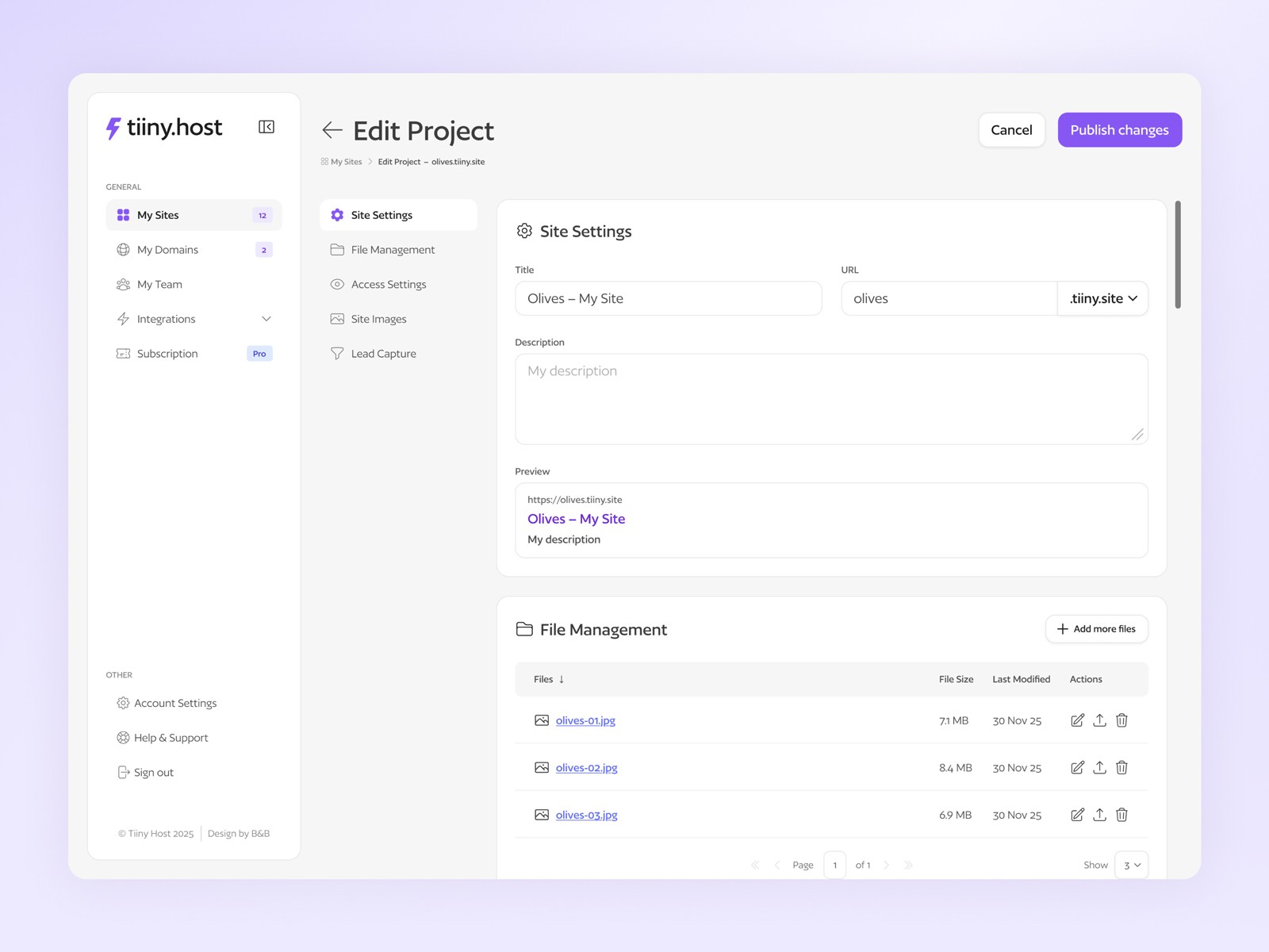 A project settings screen containing a sidebar menu, settings navigation, and a list of site settings
