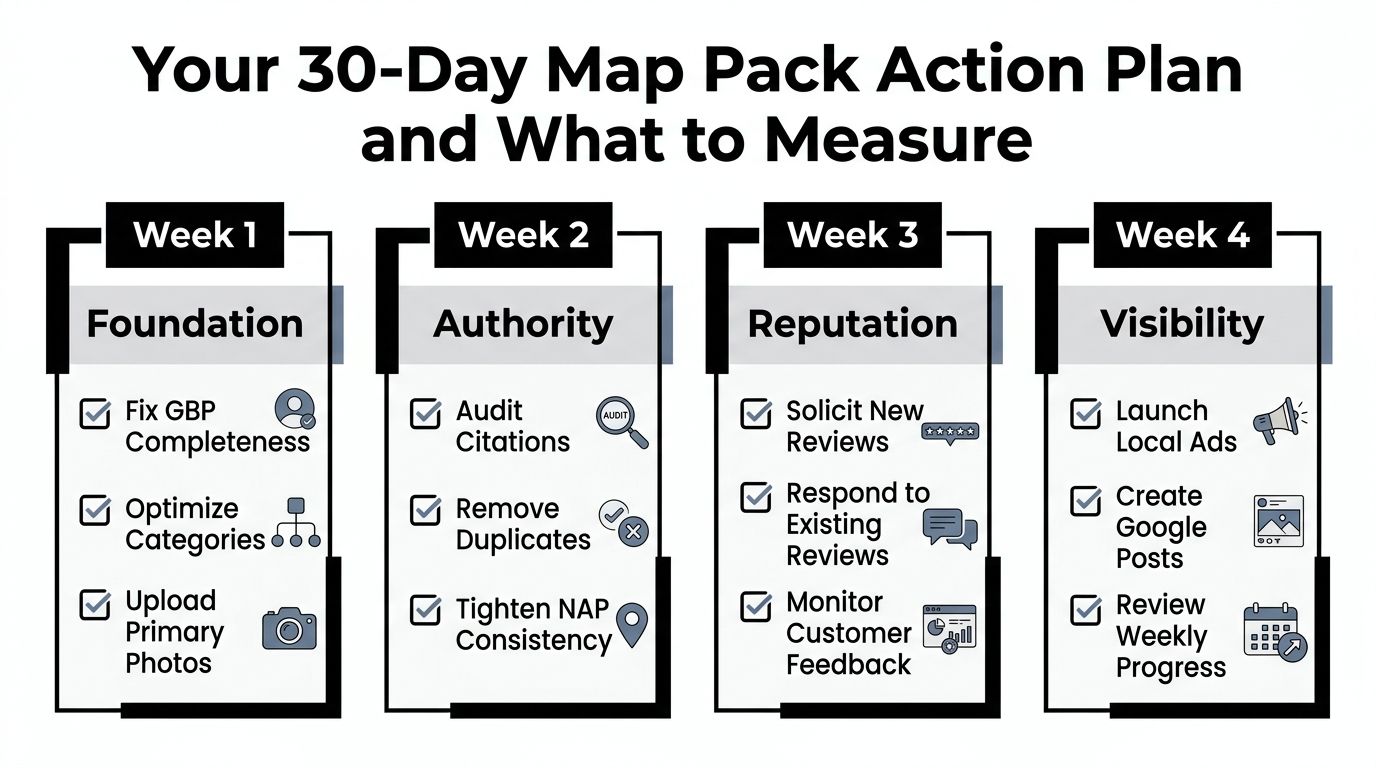 A four-week action plan infographic for optimizing business presence on Google Map Pack for better visibility.