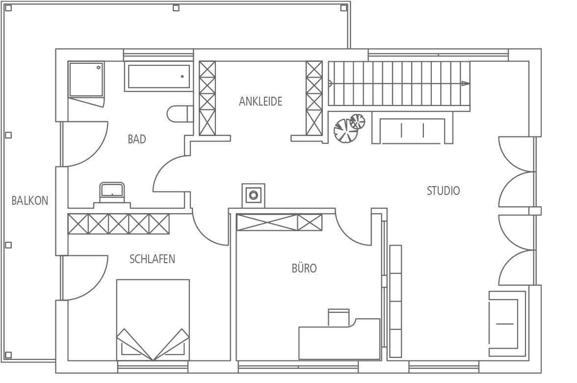 Grundriss einer Wohnung mit Schlafzimmer, Balkon, Bad, Ankleidezimmer, Studio, Büro und Treppenhaus.