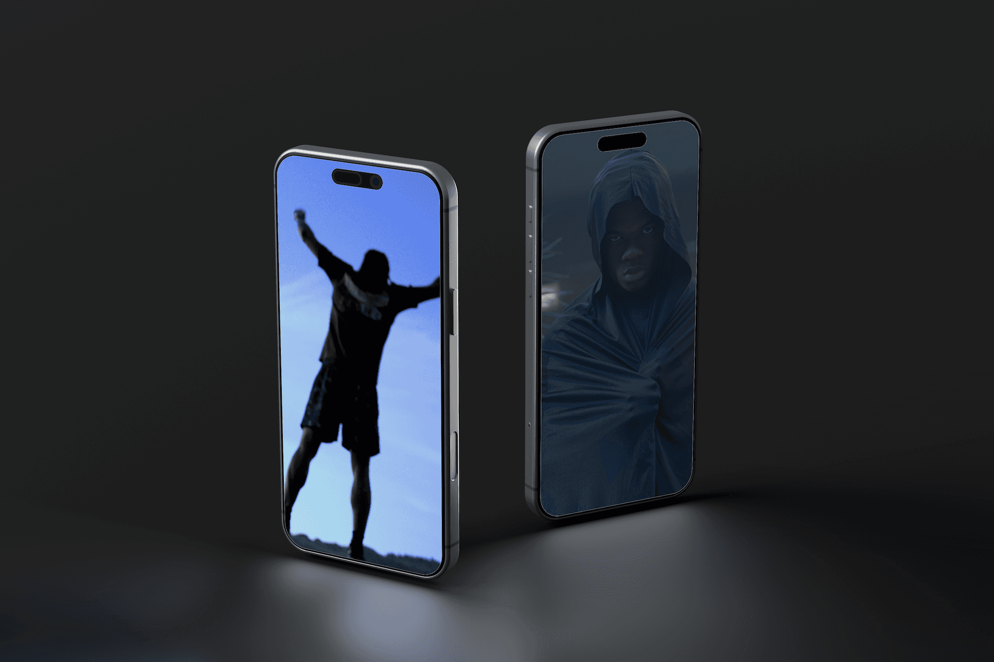 two phones in a dark room displaying a website on different pages