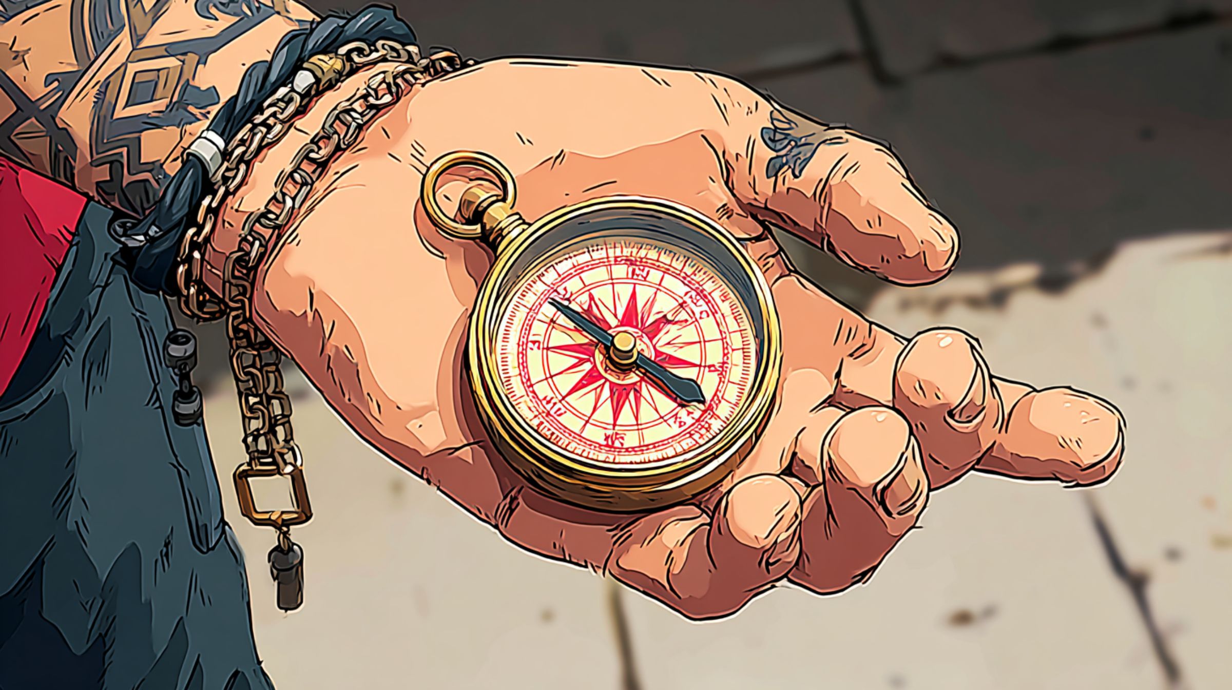 A tattooed hand holds a glowing brass compass whose needle turns inward, symbolizing inner direction and human intuition.
