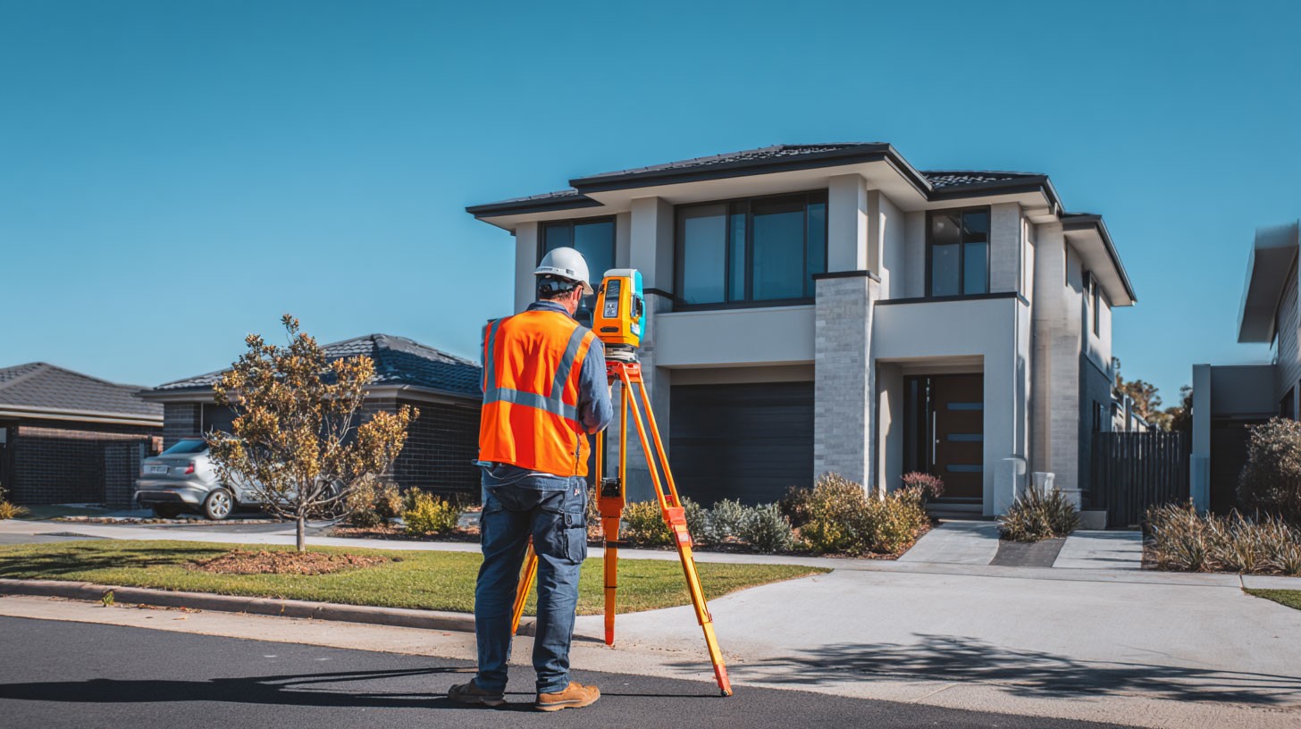 Professional land surveyor wearing an orange high-visibility vest, operating a modern total station on tripod in front of a contemporary suburban Melbourne home
