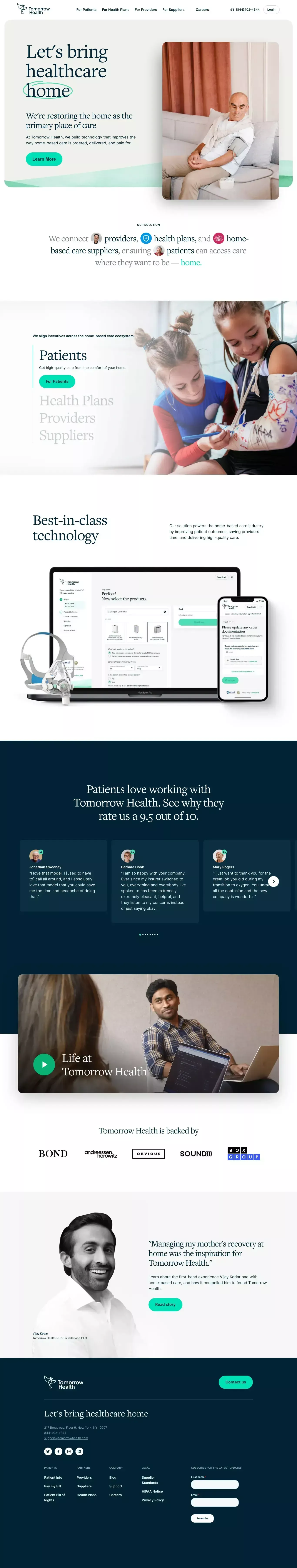 Tomorrow Health landing page screenshot showcasing Health & Fitness and Tech design