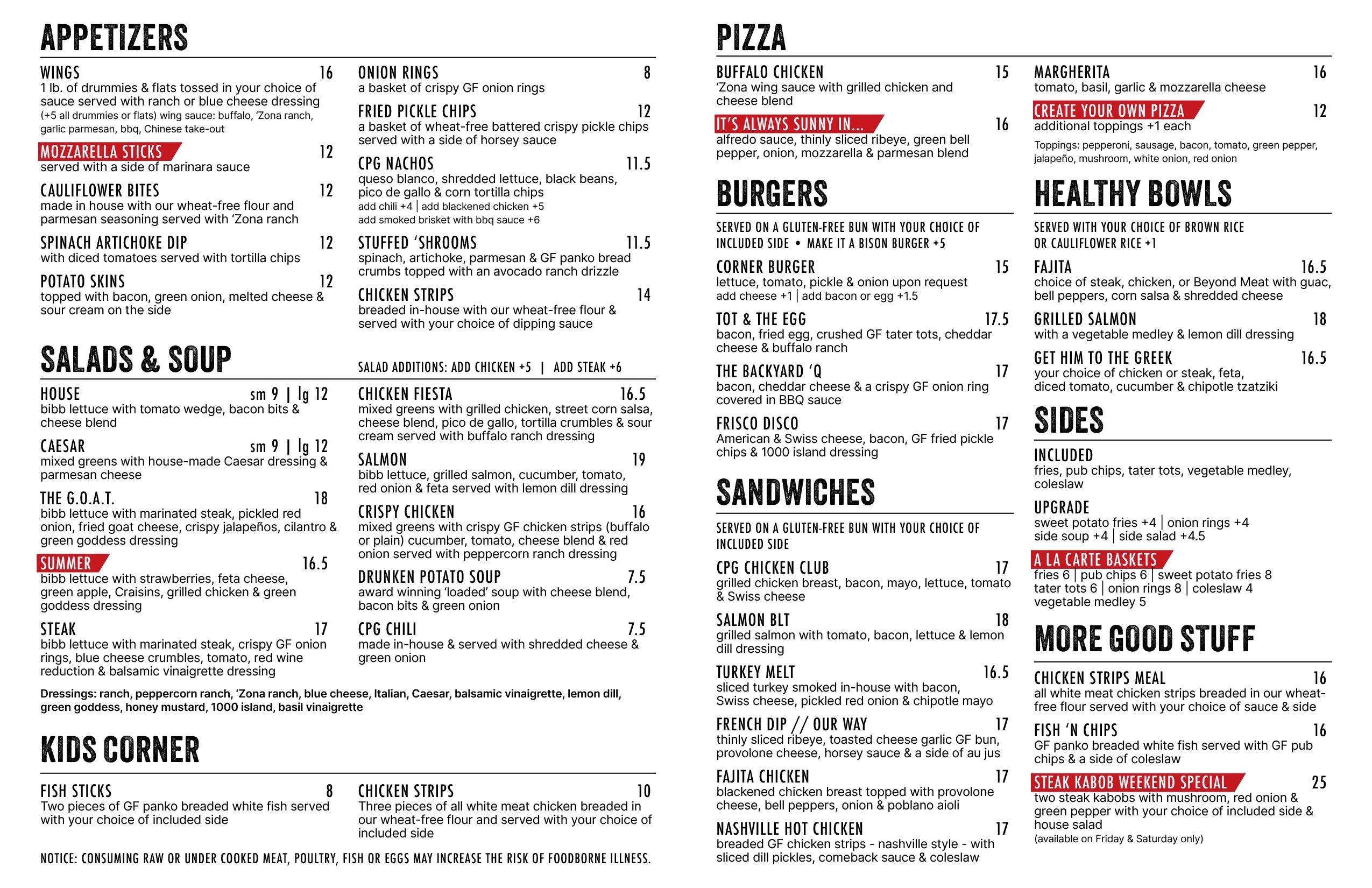 Menu displaying various food and drink options, categorized into sections with prices listed.