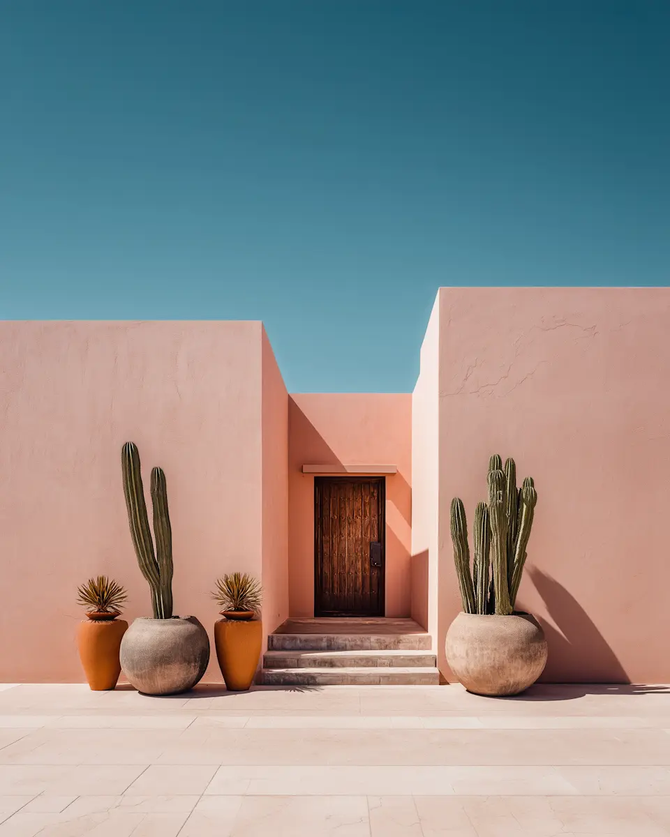 A minimalist pastel pink building featuring a central wooden door with steps, flanked by large potted cacti and small desert plants against a clear blue sky.