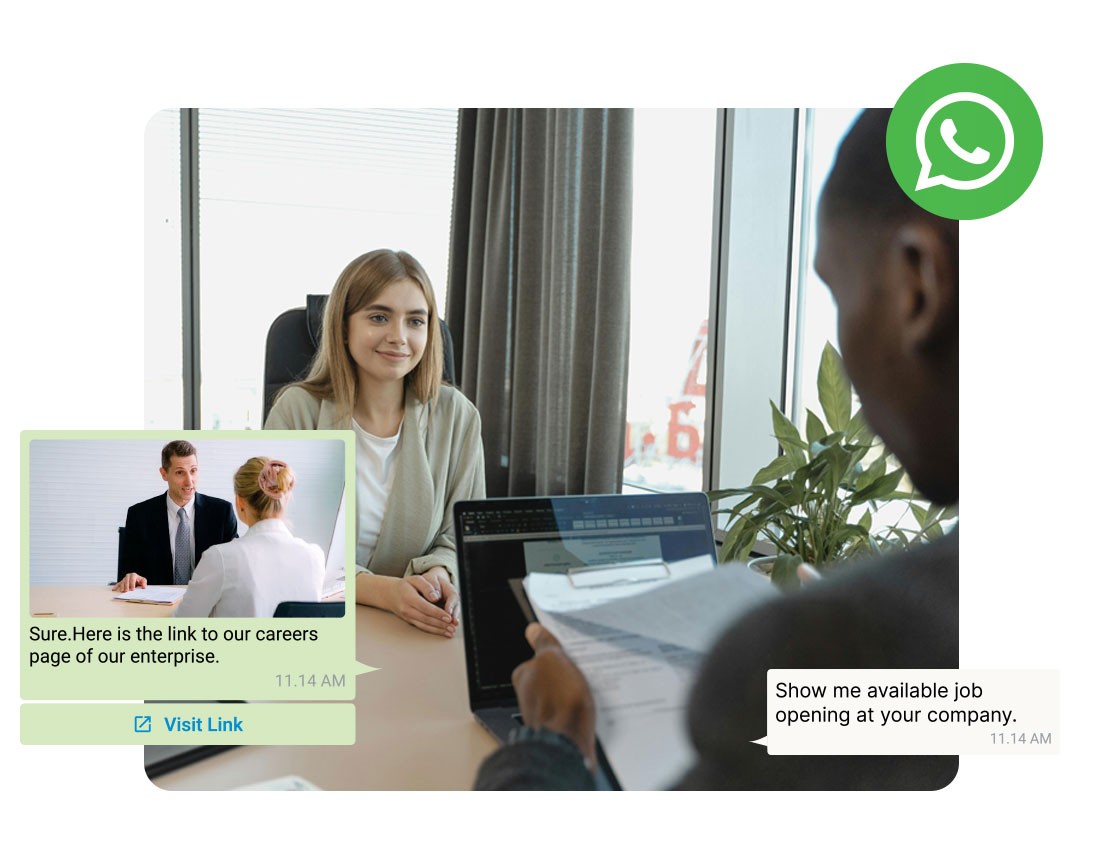 Young woman in office setting with WhatsApp conversation overlay showing job recruitment chat with career page link and request to view available job openings at company