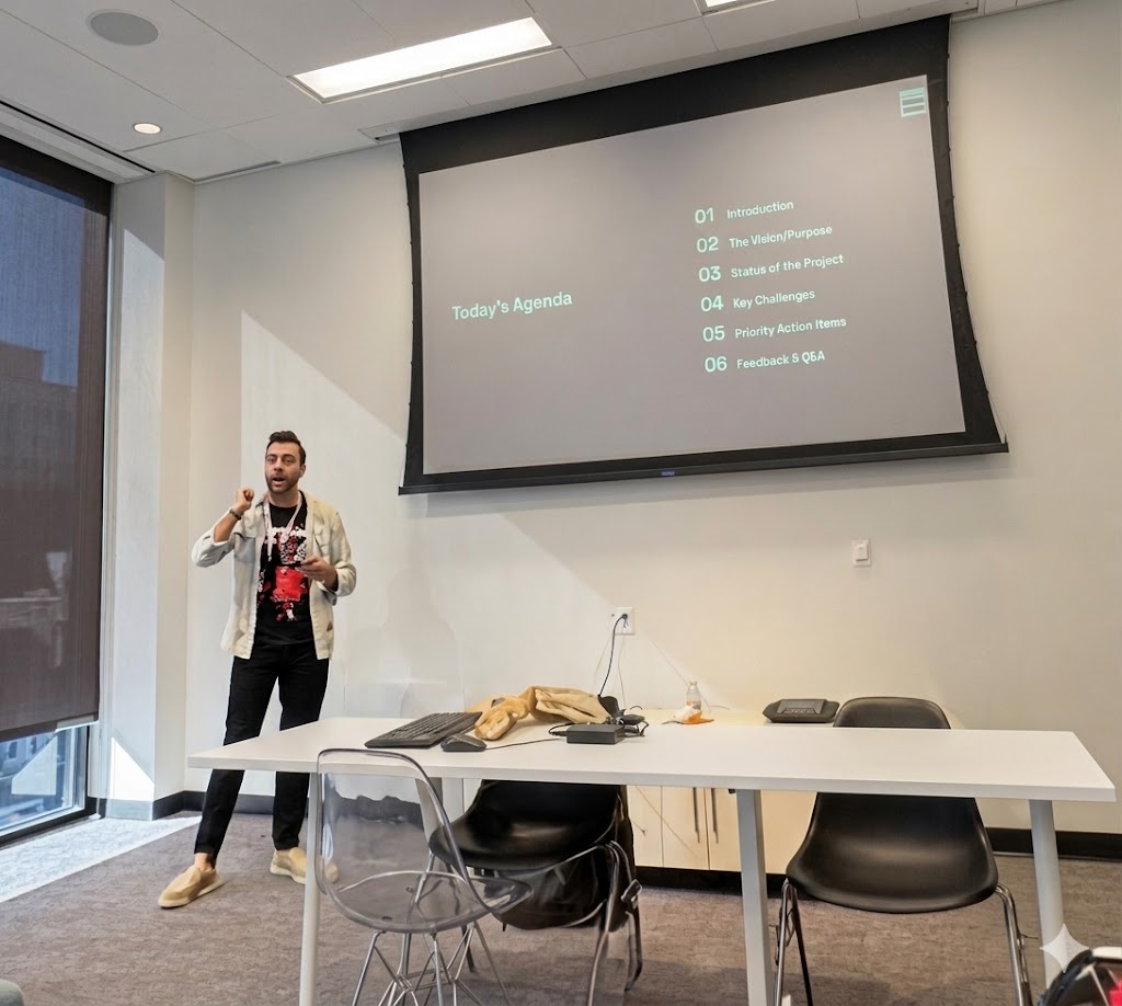 Javi leading a workshop in front of a projected agenda