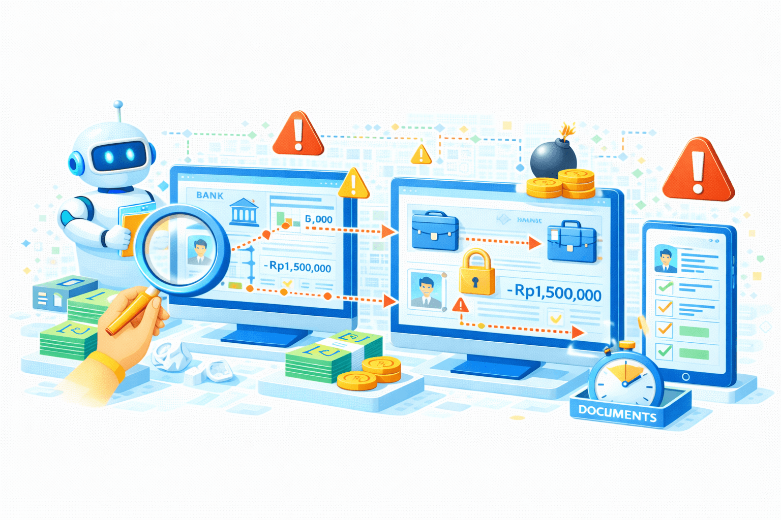 Ilustrasi AI‑assisted financial anomaly detection & secure transaction validation. Di kiri, AI/robot assistant memegang tablet sambil menganalisis data; kaca pembesar di tangan manusia menyorot profil nasabah dan transaksi pada layar BANK. Dua monitor menampilkan alur transaksi dengan nilai −Rp1.500.000, dihubungkan garis putus‑putus dan ikon peringatan yang menandakan anomali. Ikon gembok menunjukkan pengamanan akses, sementara ikon bom dan tanda seru merepresentasikan potensi risiko/fraud yang terdeteksi. Di kanan, smartphone dengan checklist hijau menandakan verifikasi berhasil. Uang/koin, ikon jam dan label DOCUMENTS menggambarkan dampak finansial, ketepatan waktu, serta dokumentasi/audit trail. Visual merepresentasikan proses end‑to‑end: pemantauan transaksi, deteksi anomali, validasi berbasis AI, dan kepatuhan yang aman.