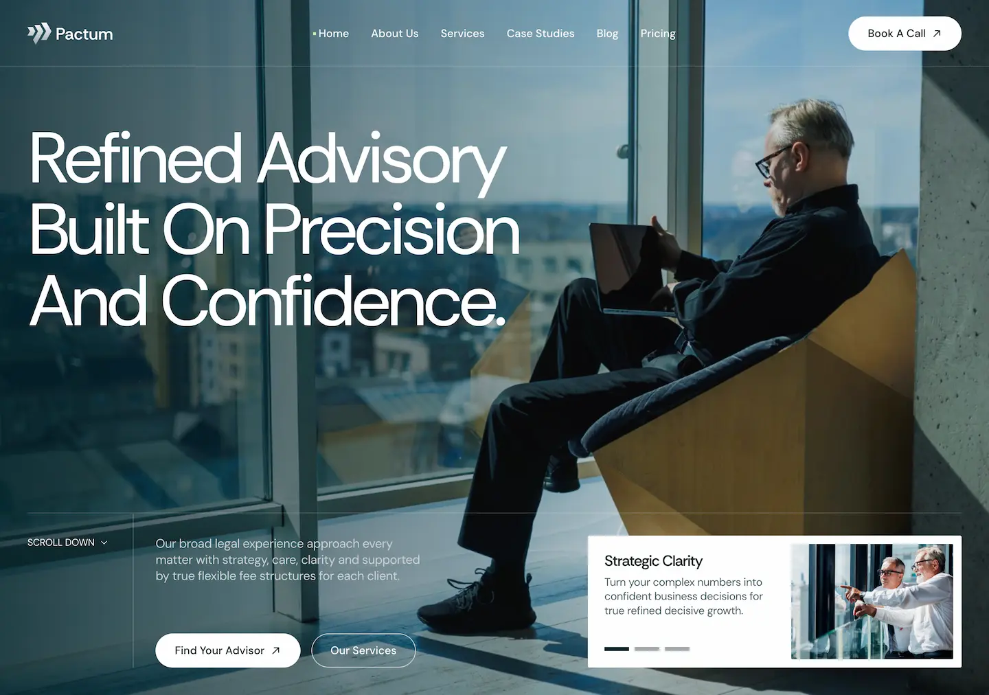 Man in suit looking at tablet in modern office with text "Refined Advisory. Built On Precision And Confidence."