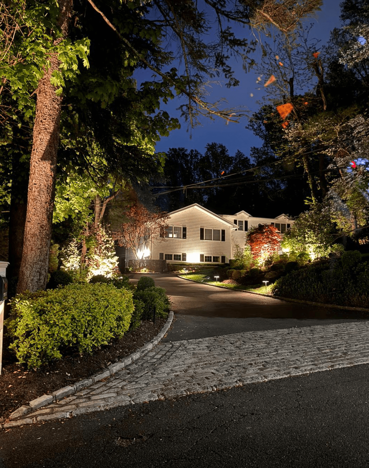 Home driveway and trees illuminated with landscape lighting by Bonilla Irrigation & Contracting, Long Island NY