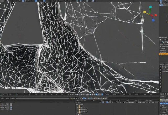 A 3D modeling software interface displays a wireframe view of a human foot and lower leg, with editing tools and panels visible on the screen.