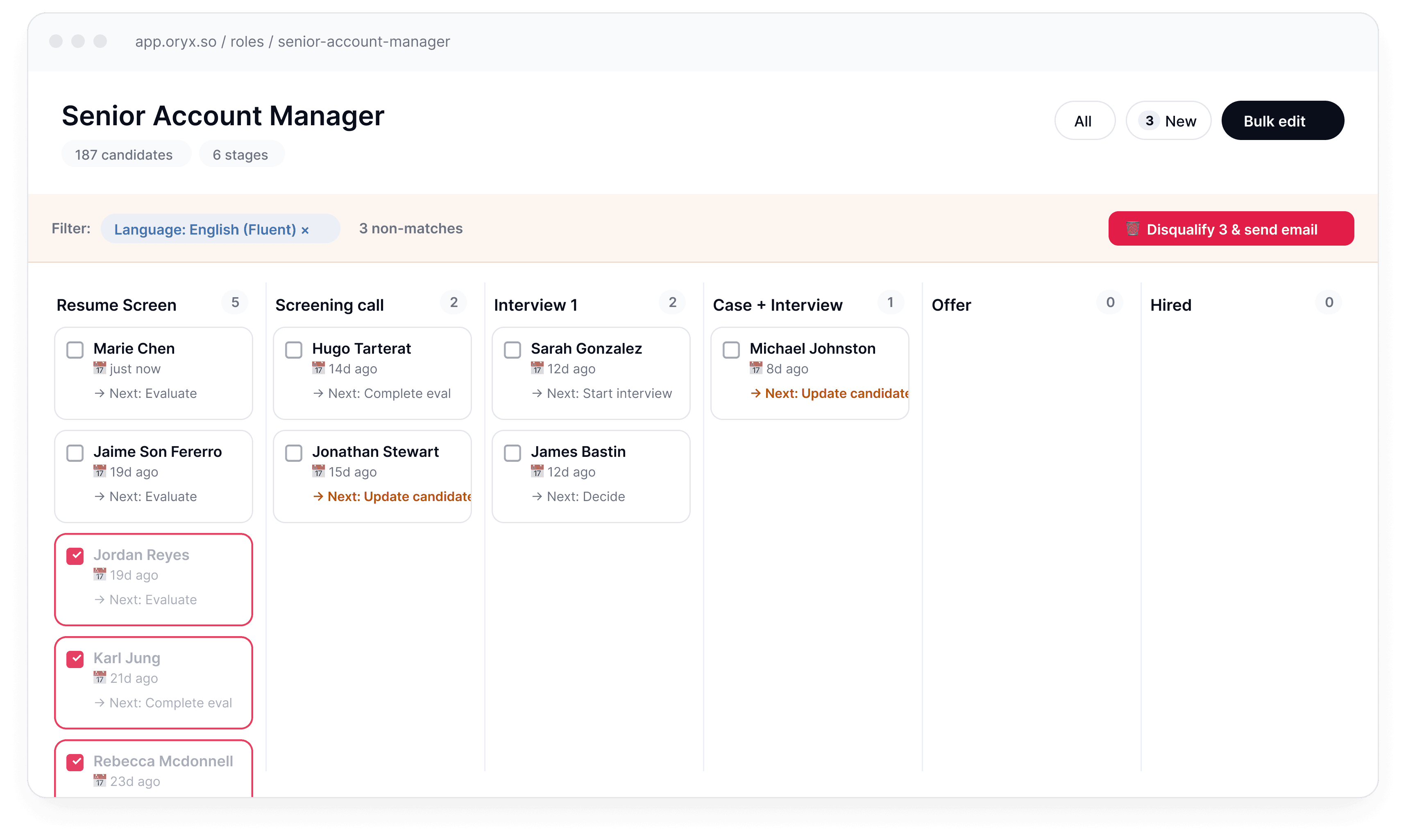 Product screenshot showing the bulk disqualify actions