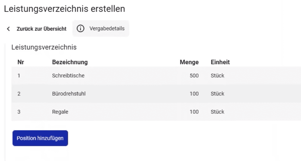 Bildausschnitt aus dem AI VERGABEMANAGER: Leistungsverzeichnis